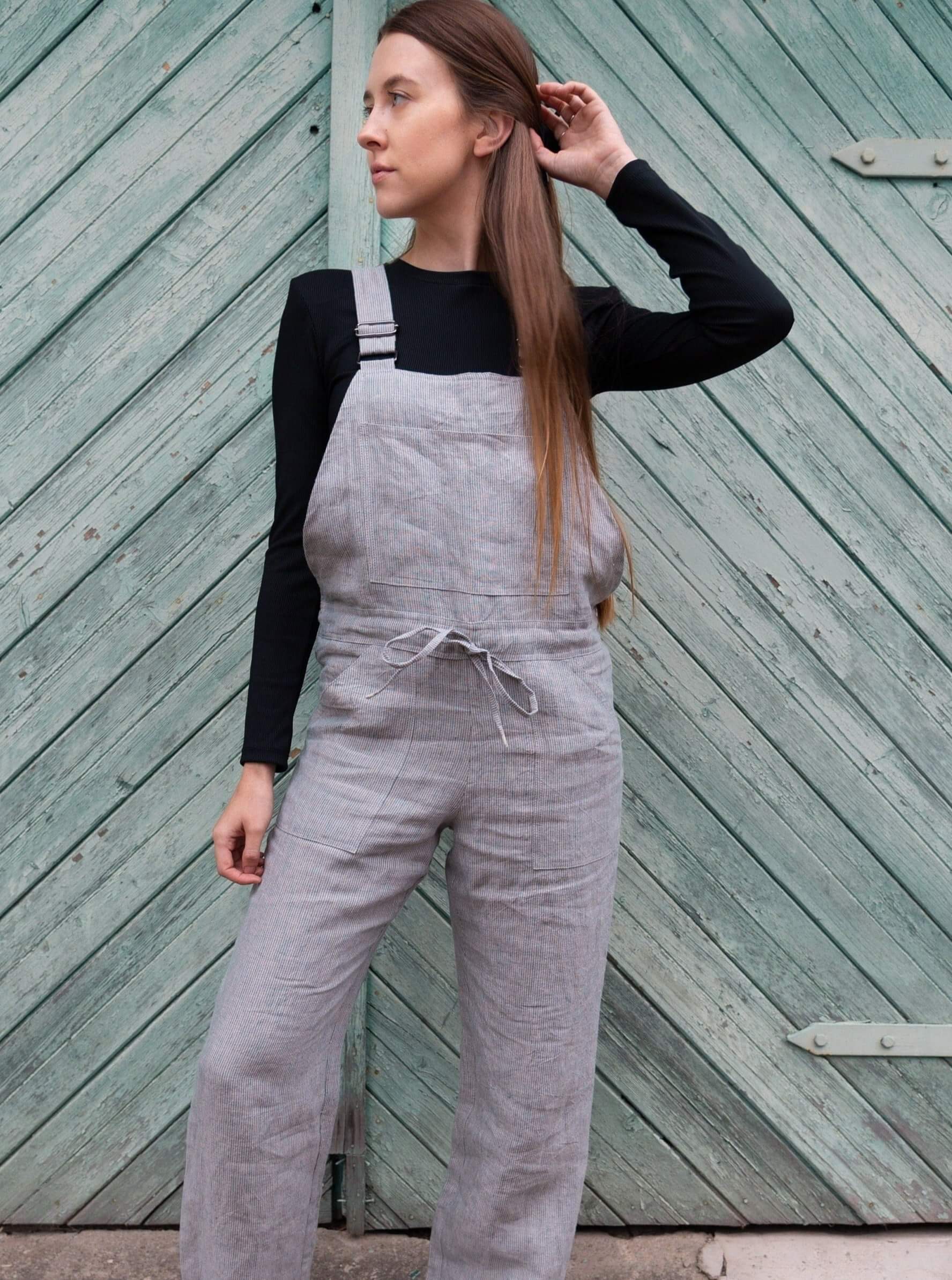 Striped Linen Jumpsuit with Pockets – Women’s Beige Gray One-Piece