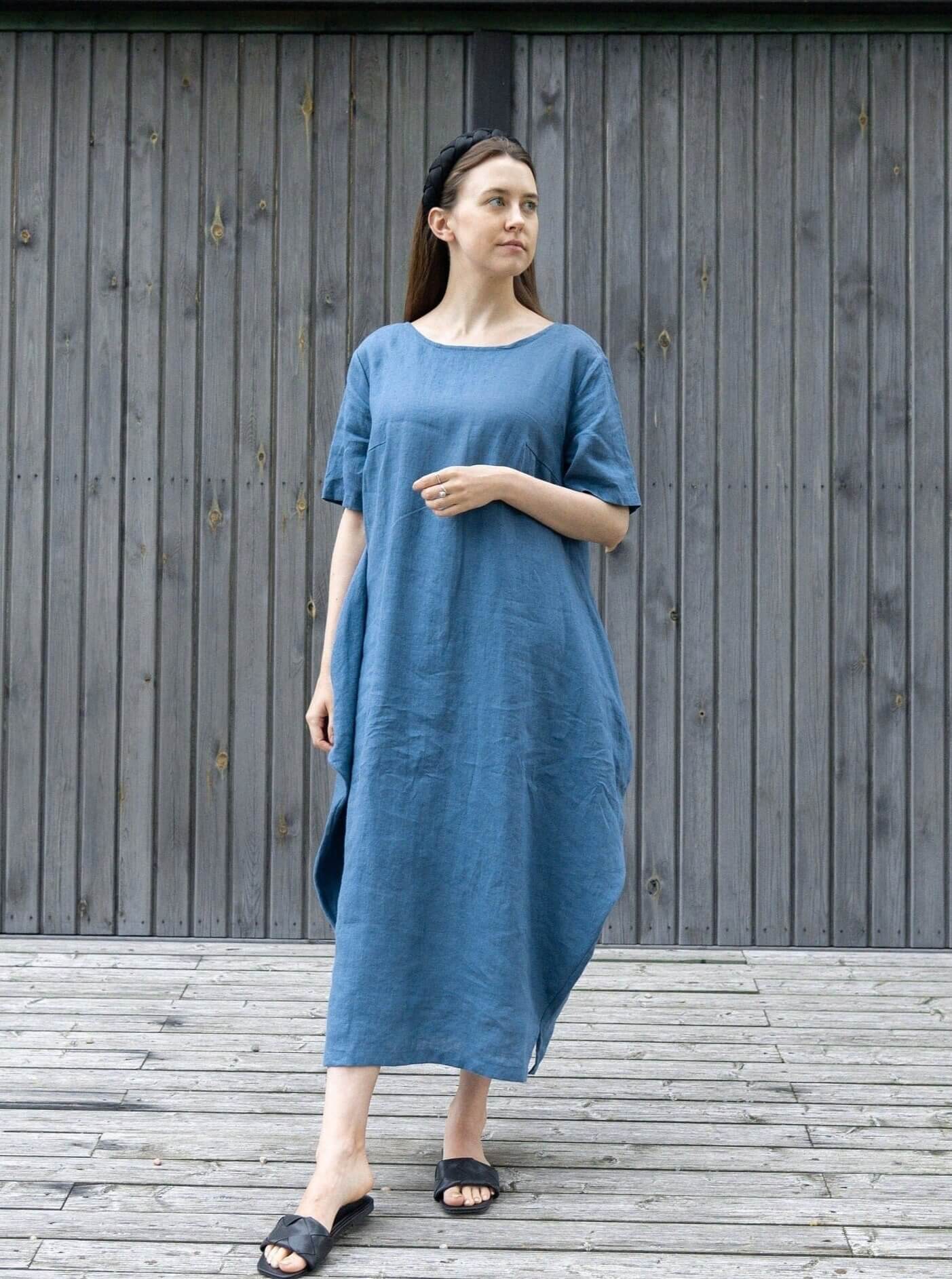 Denim Blue Linen Maxi Dress Boho Style with Pockets | LinenStars Denim Blue Linen Maxi Dress Boho Style with Pockets | LinenStars