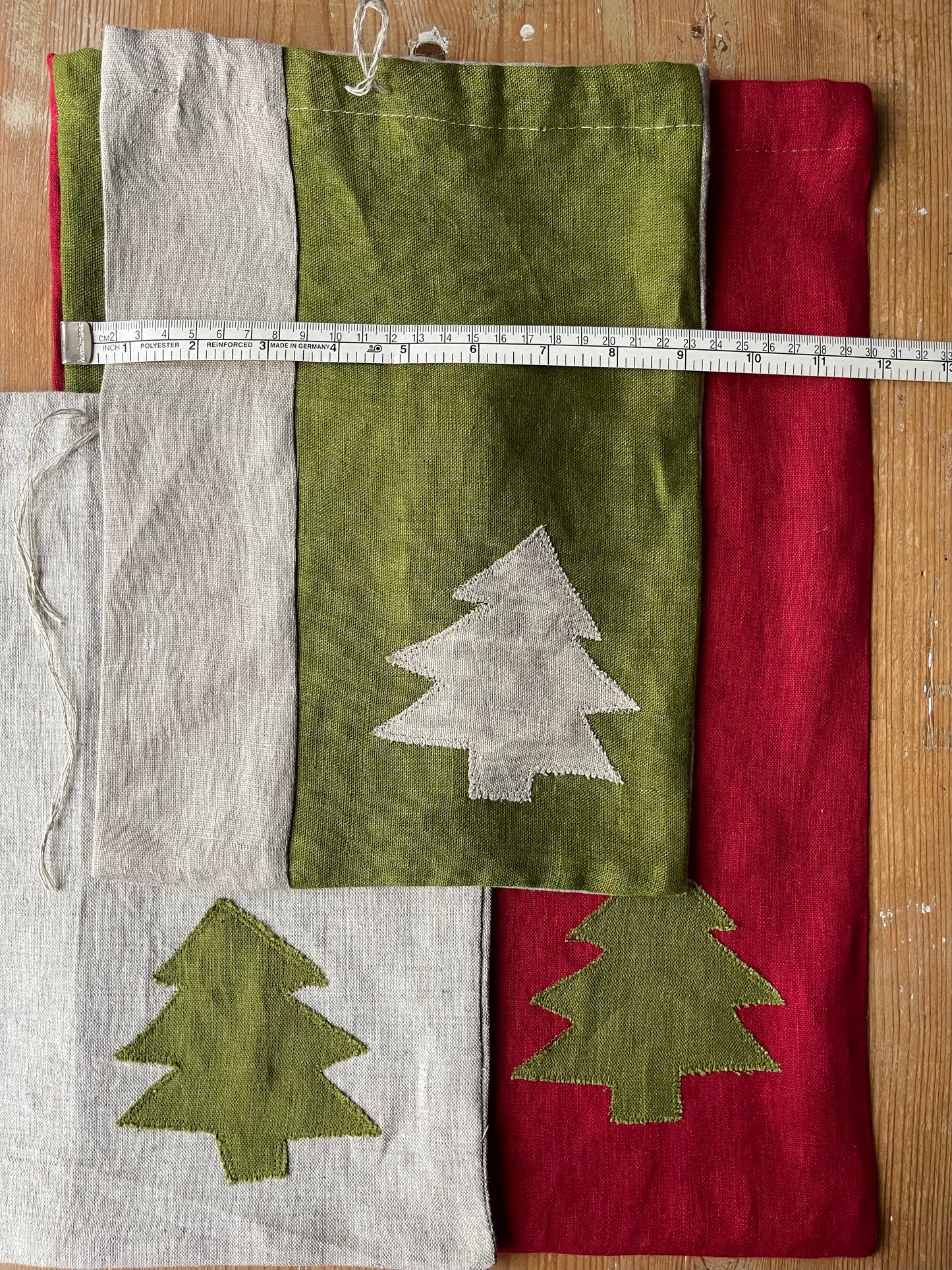 Set of 3 Linen Christmas Gift Bags with Handmade Appliqué Decorations