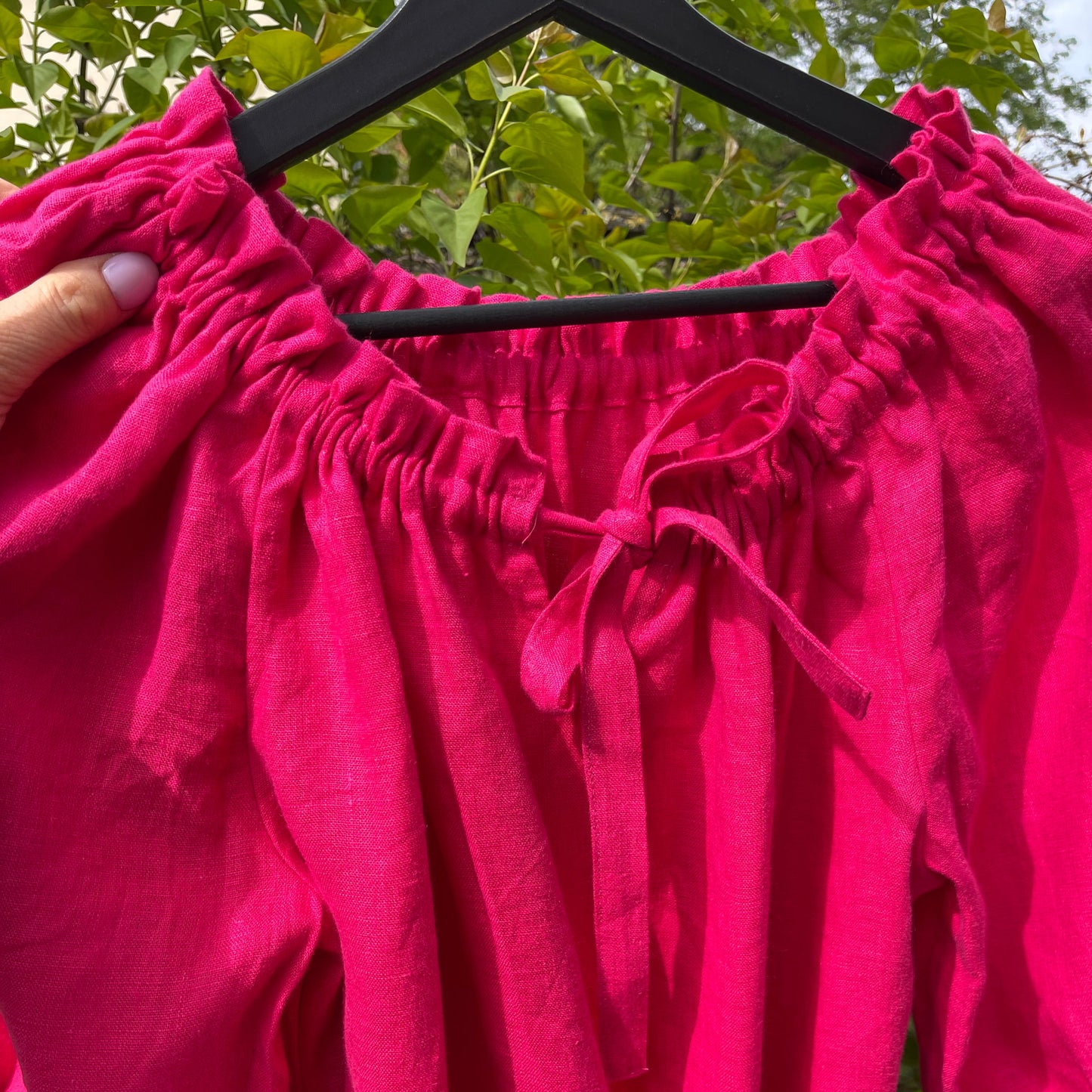 Fuchsia Linen Summer Dress, Adjustable Neckline Dress