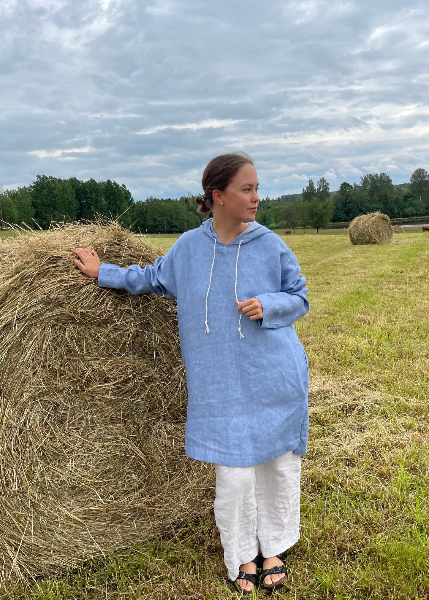 Light Blue Melange Linen Hoodie Tunic – Relaxed Fit Pullover for Women