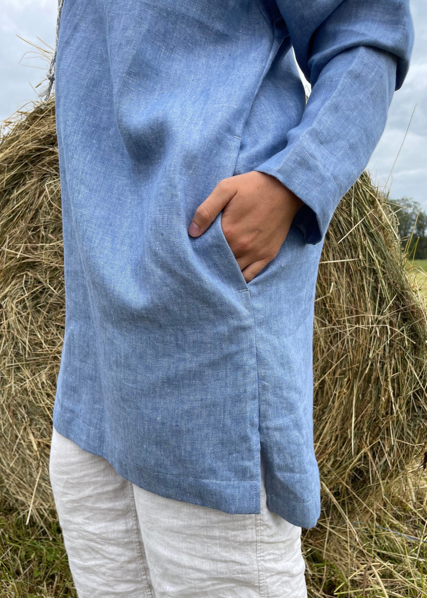 Light Blue Melange Linen Hoodie Tunic – Relaxed Fit Pullover for Women