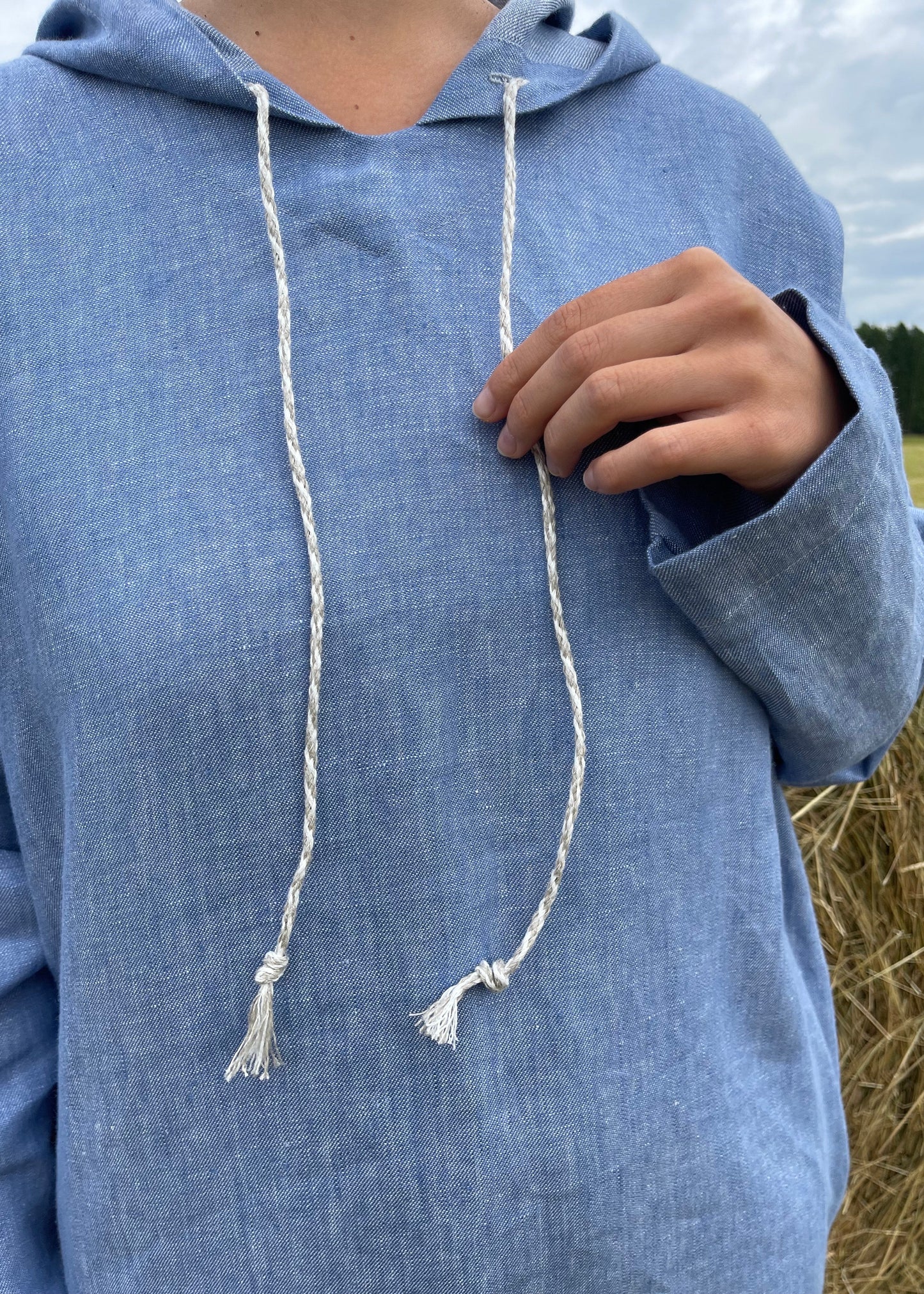 Light Blue Melange Linen Hoodie Tunic – Relaxed Fit Pullover for Women
