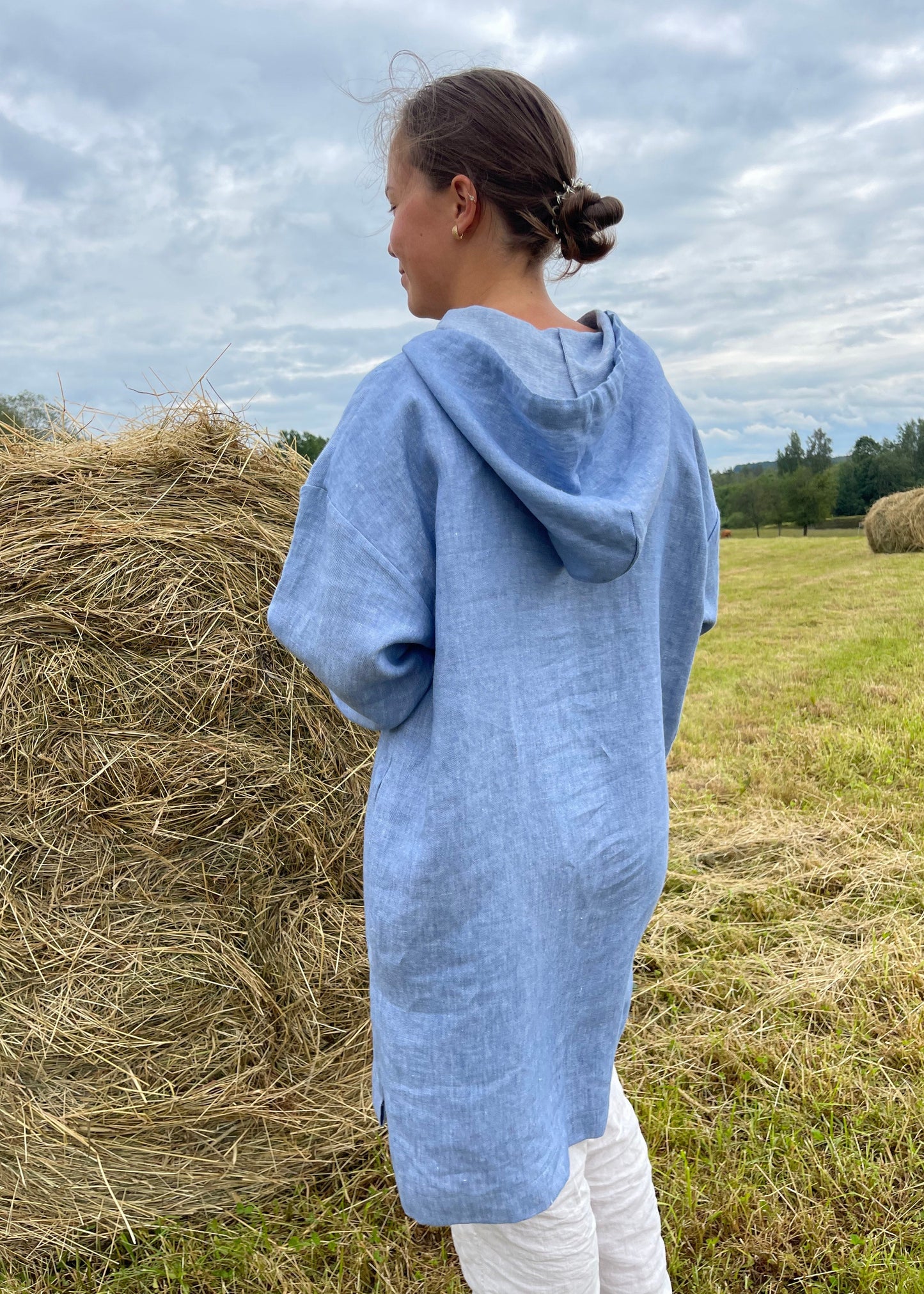 Light Blue Melange Linen Hoodie Tunic – Relaxed Fit Pullover for Women