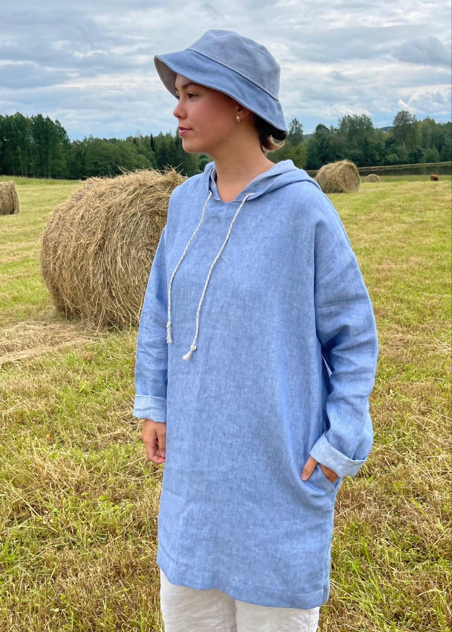 Light Blue Melange Linen Hoodie Tunic – Relaxed Fit Pullover for Women