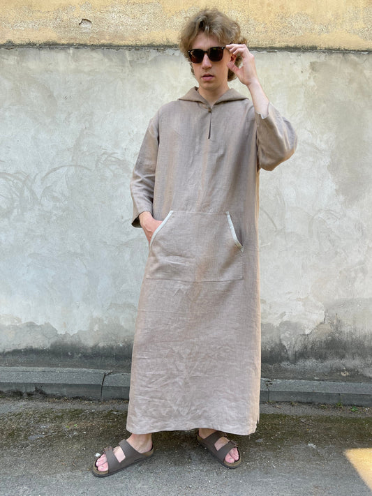 Men's hooded linen caftan in cappuccino color – front view