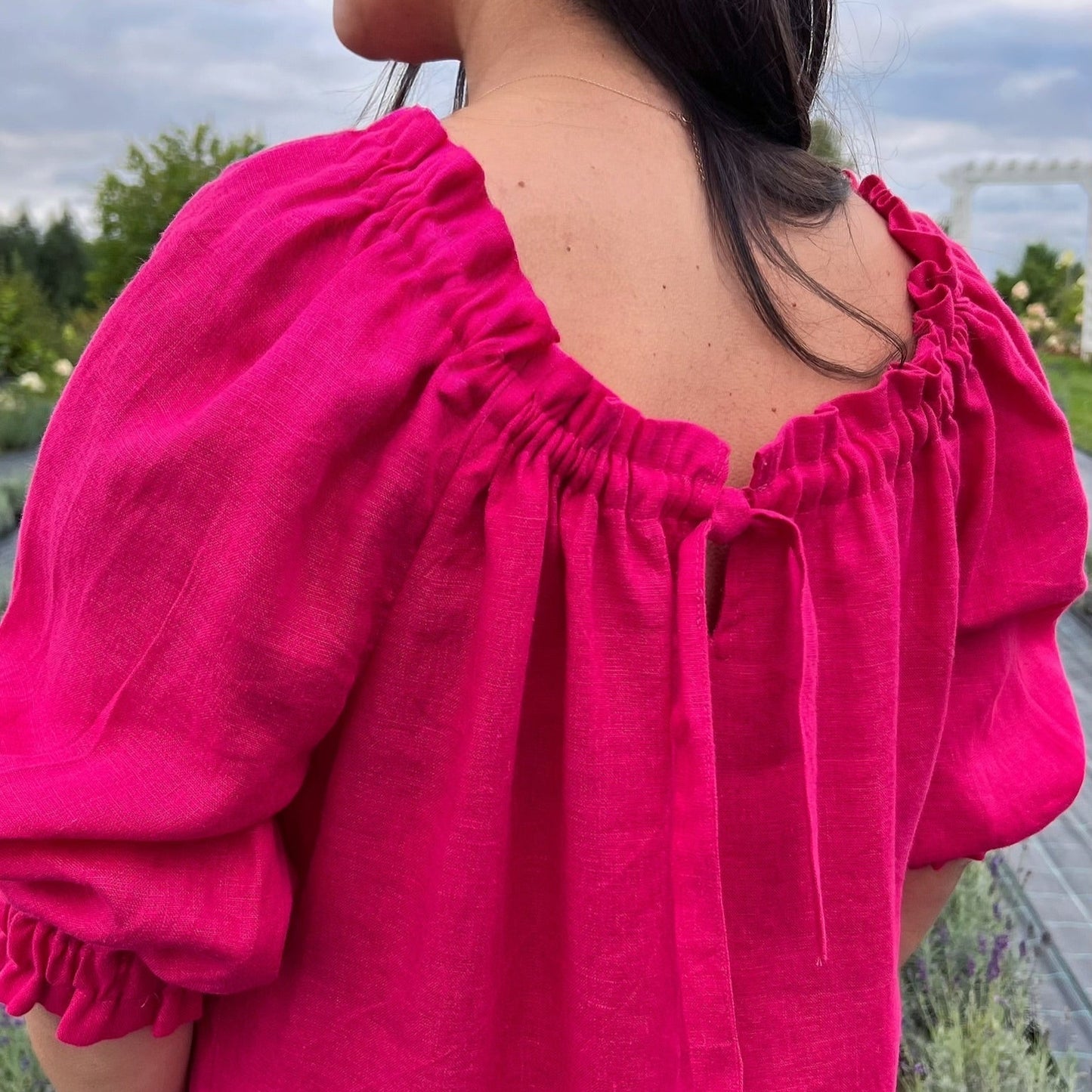 Fuchsia Linen Summer Dress, Adjustable Neckline Dress