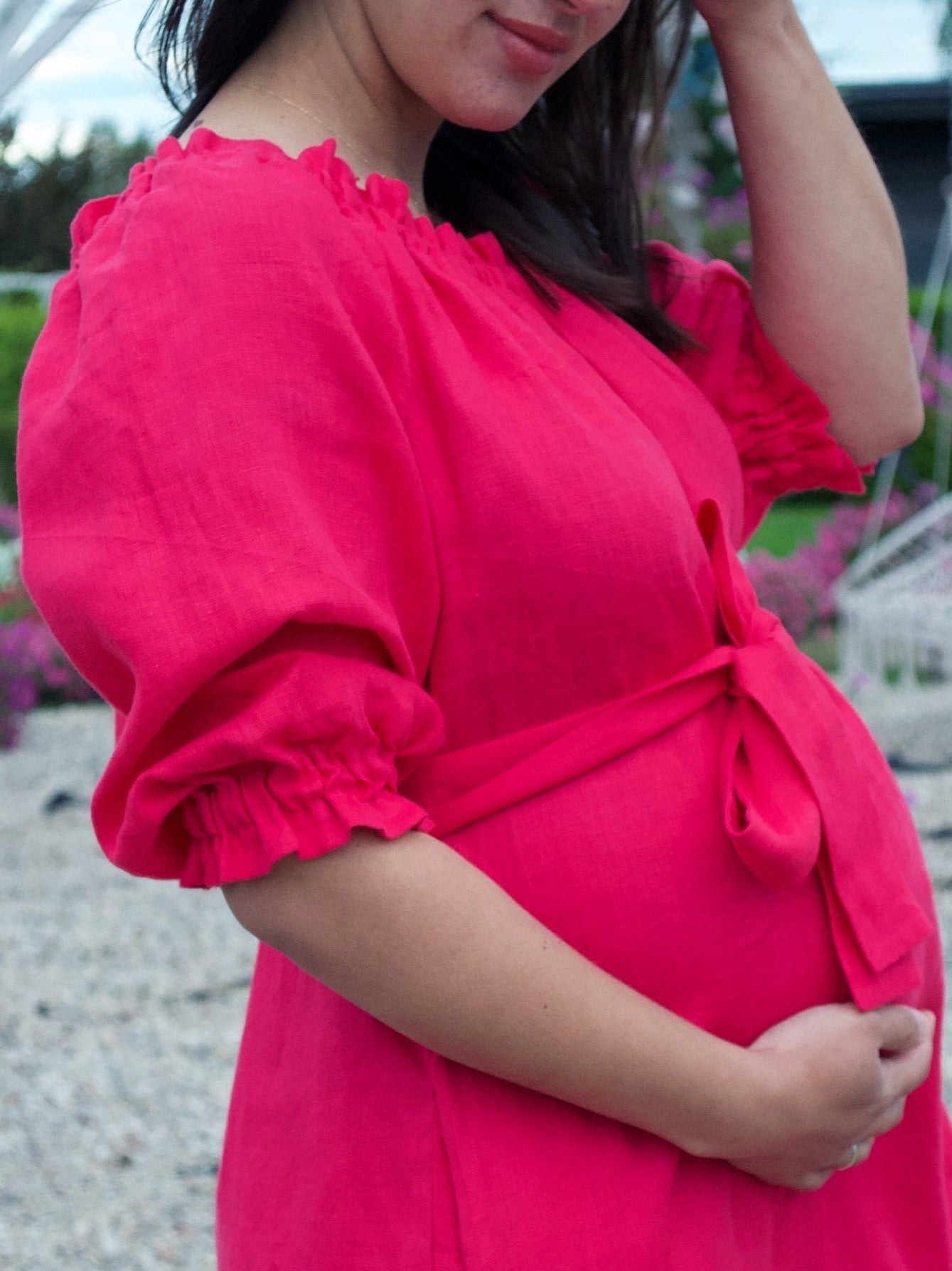 Fuchsia Linen Summer Dress, Adjustable Neckline Dress