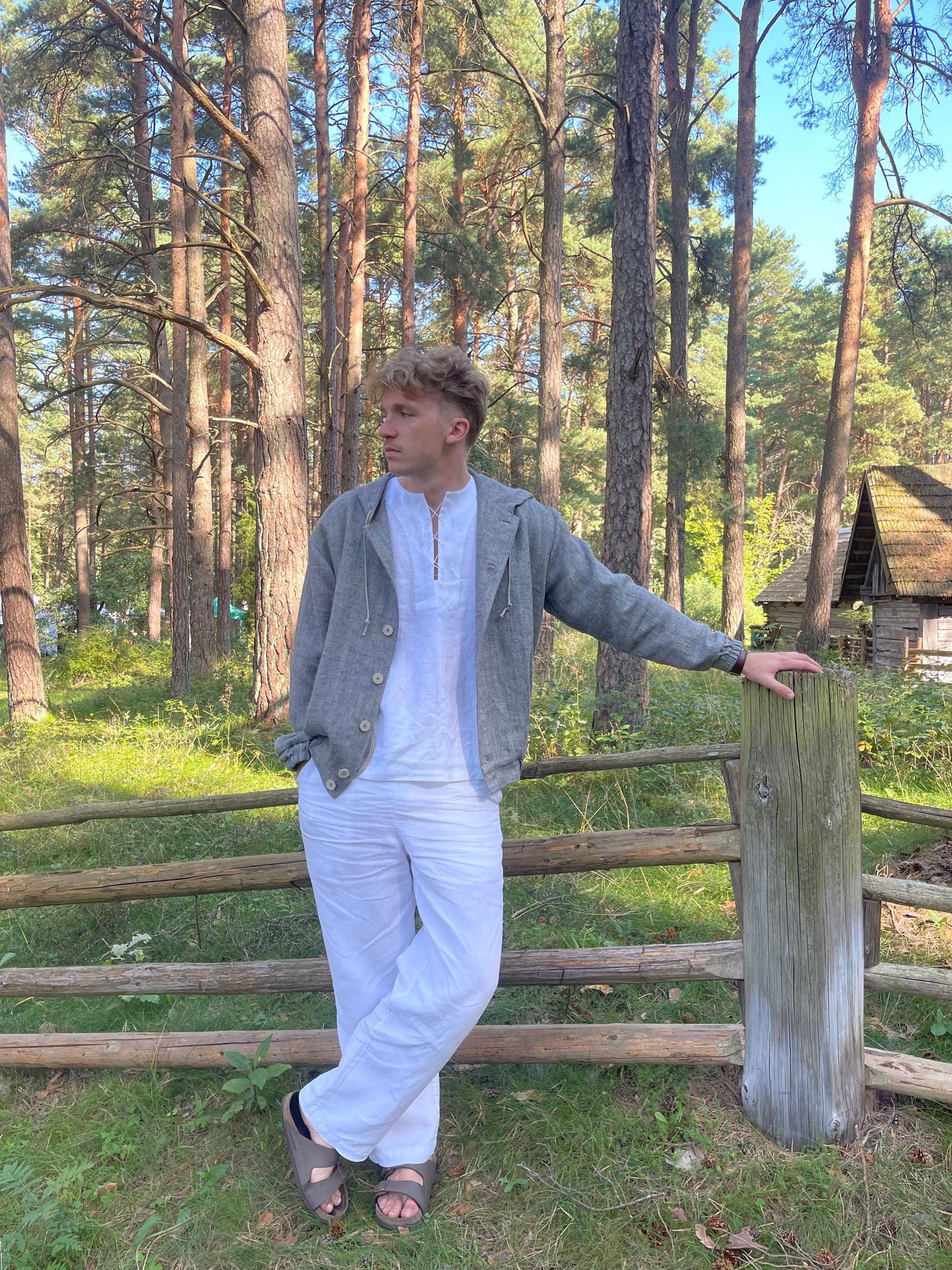 Linen Hooded Jacket - Vintage Style Herringbone Jacket for Casual Autumn Wear