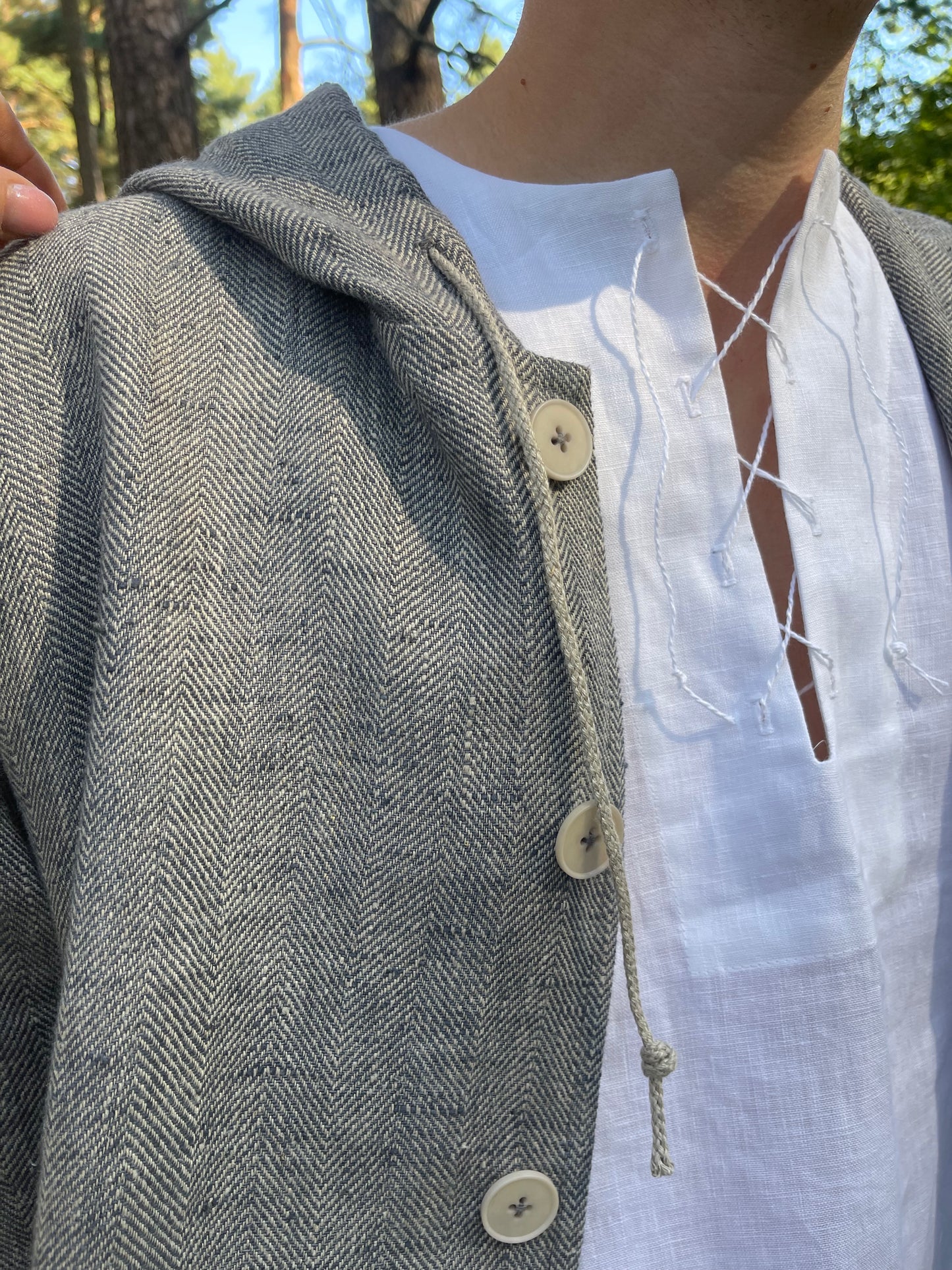 Linen Hooded Jacket - Vintage Style Herringbone Jacket for Casual Autumn Wear