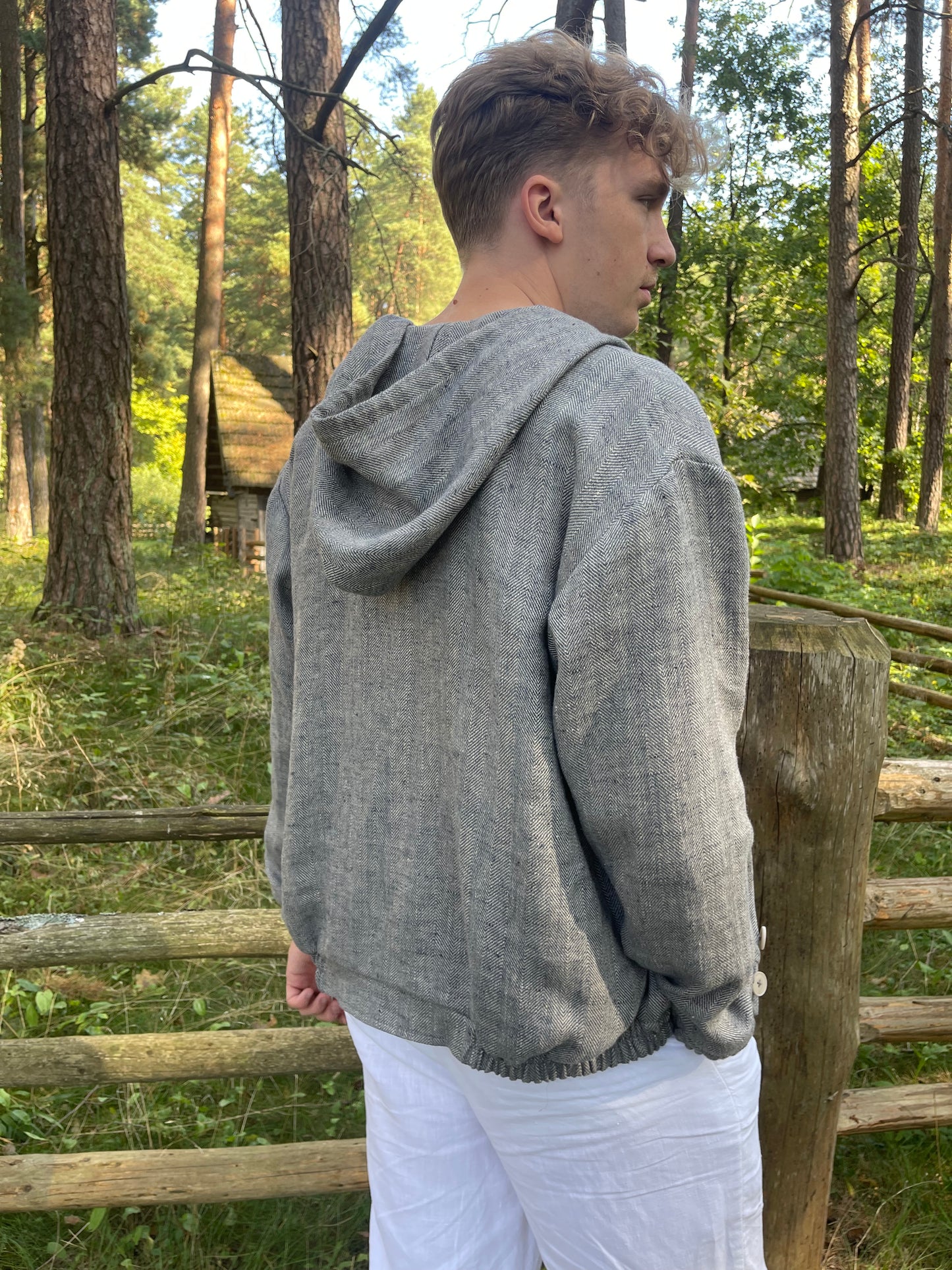 Linen Hooded Jacket - Vintage Style Herringbone Jacket for Casual Autumn Wear