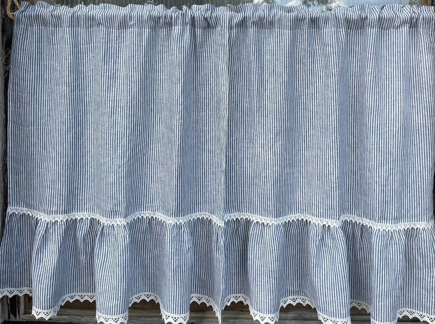 Caffe Curtain with Ruffle, Caffe Curtains with Lace Edge, French Country Style Caffe Curtains, Blue and Milky White Stripes Linen Curtain