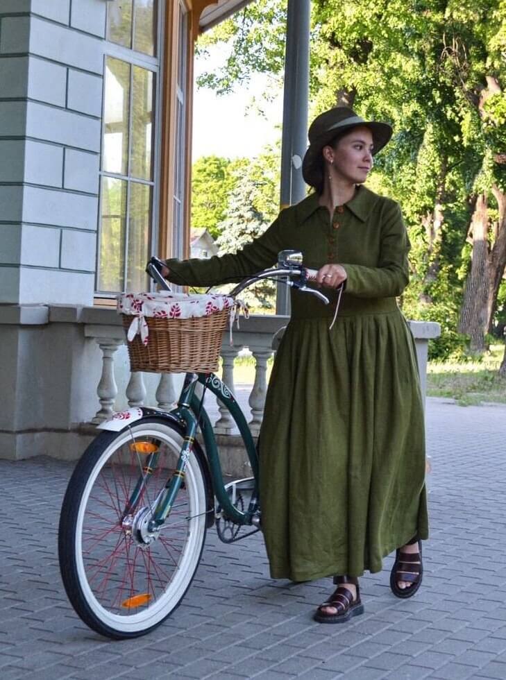 Victorian moss green linen maxi dress with pockets long sleeve button front Victorian moss green linen maxi dress with pockets long sleeve button front