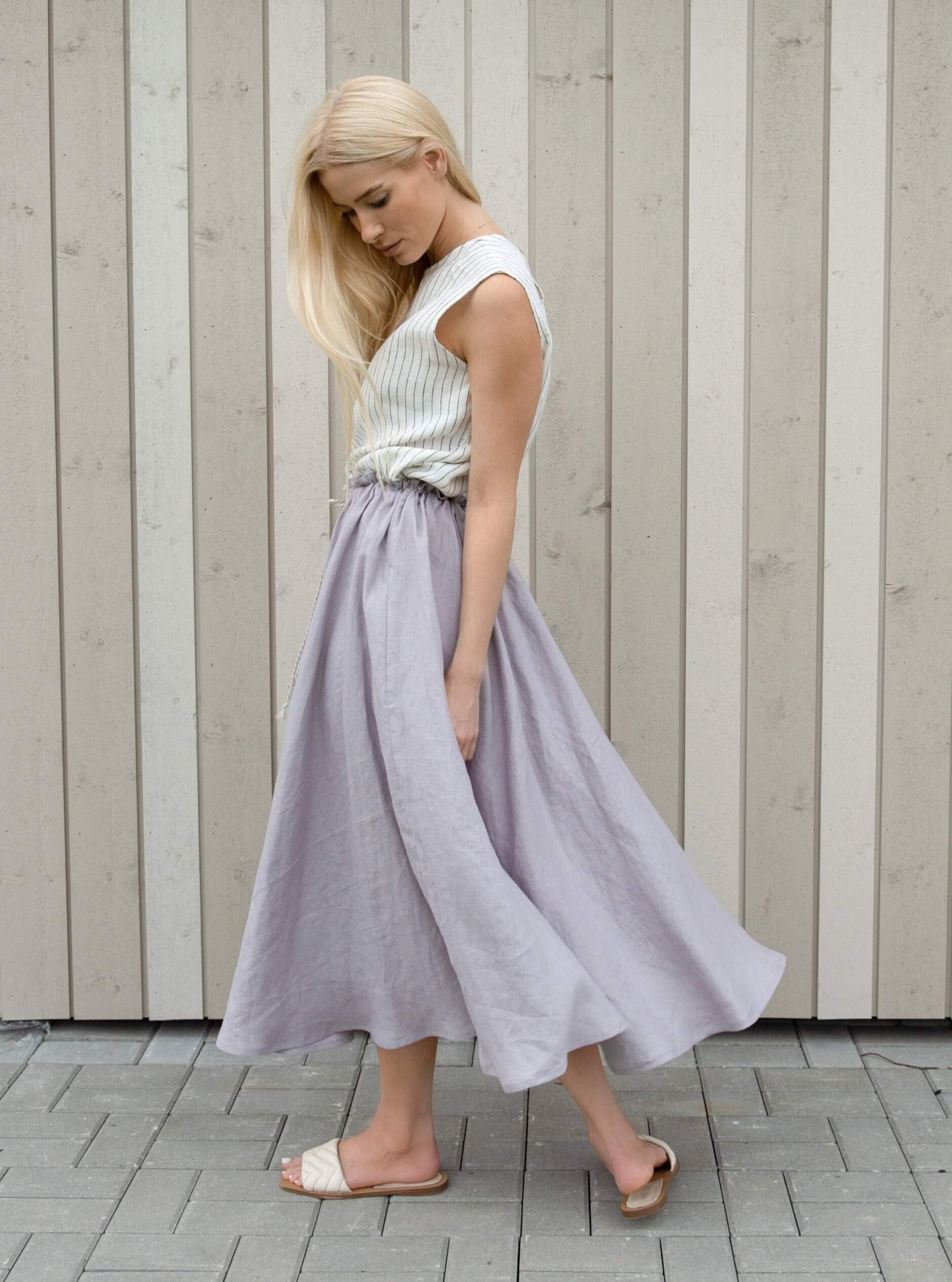 Wavy A-line Linen Skirt – Flared Linen Skirt with Drawstring