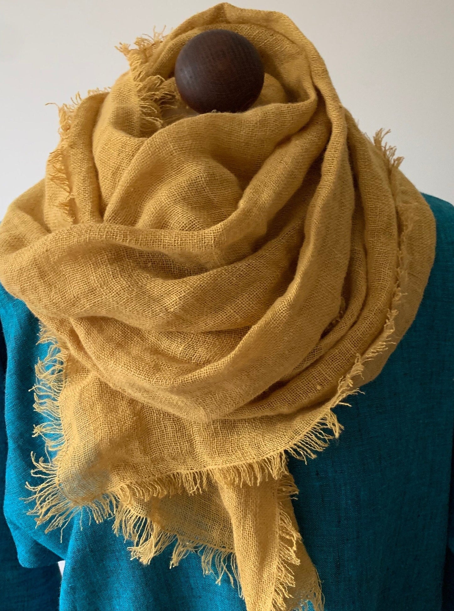 Autumn Mustard Linen Scarf with Fringes