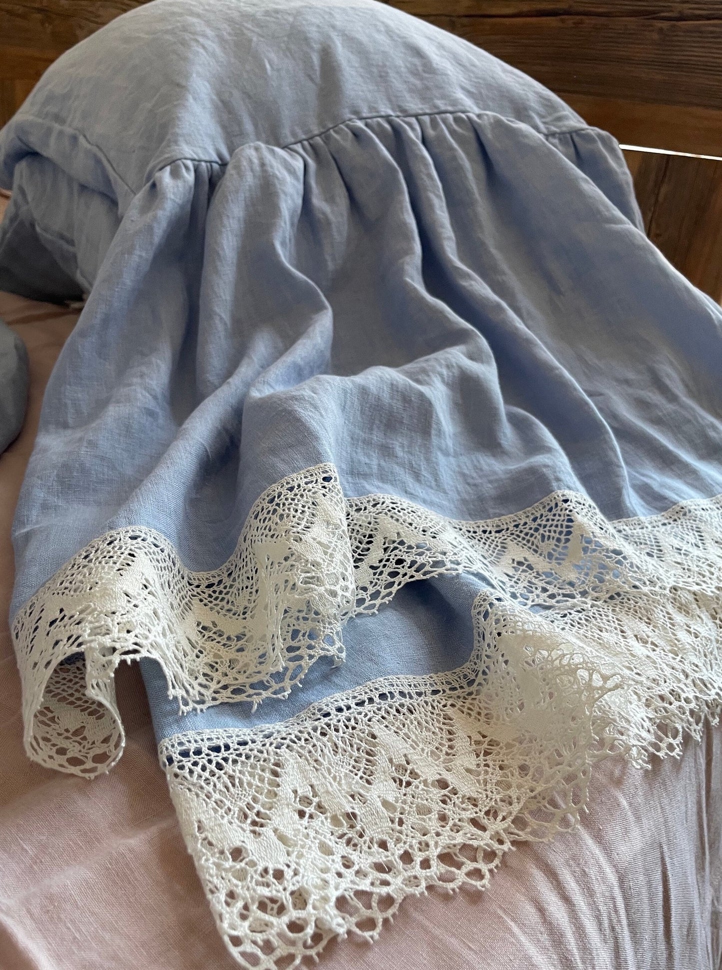Sky Blue Linen Pillowcase with Lace Ruffles and Ties