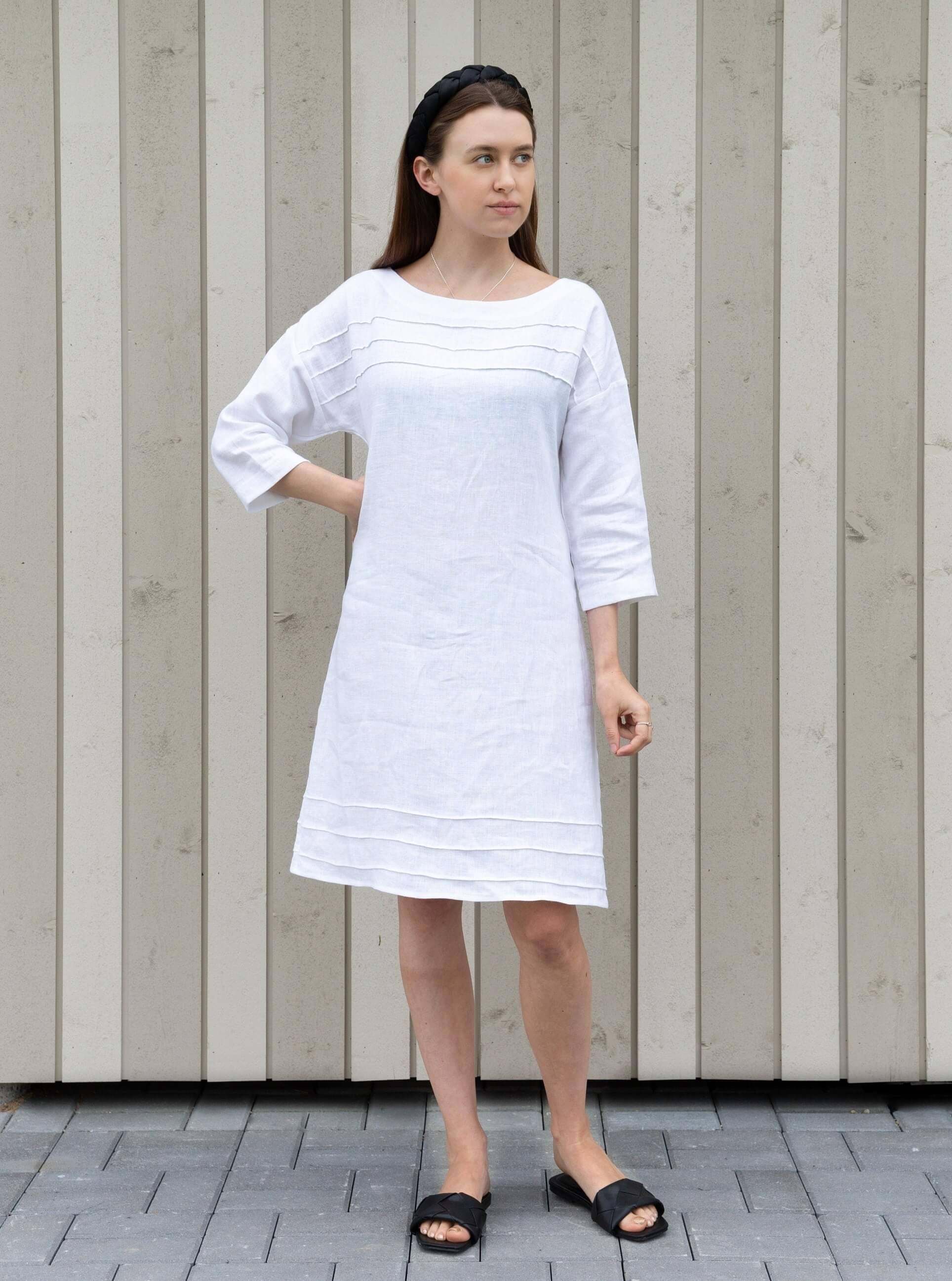 Elegant Linen Dress with 3/4 Sleeves Custom Fit Summer Wear | LinenStars Elegant Linen Dress with 3/4 Sleeves Custom Fit Summer Wear | LinenStars