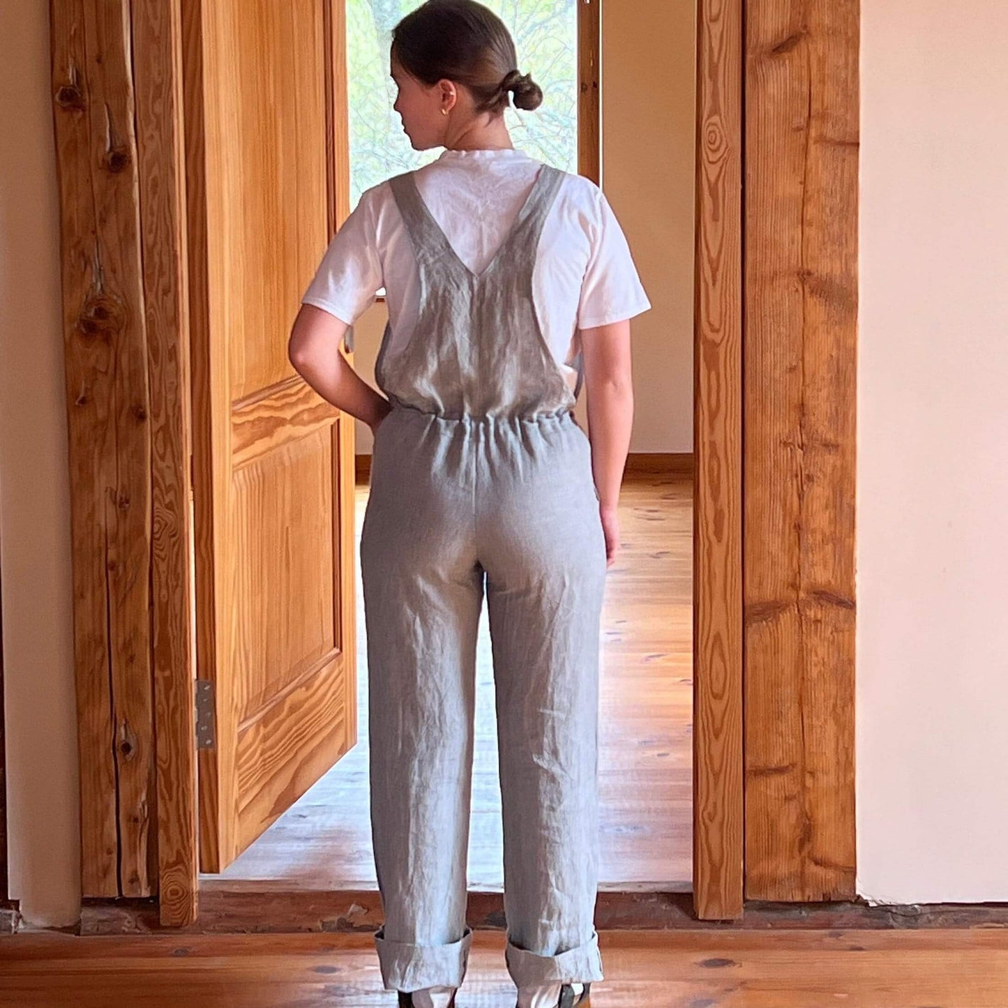 Elegant linen playsuit in beige and gray stripes
