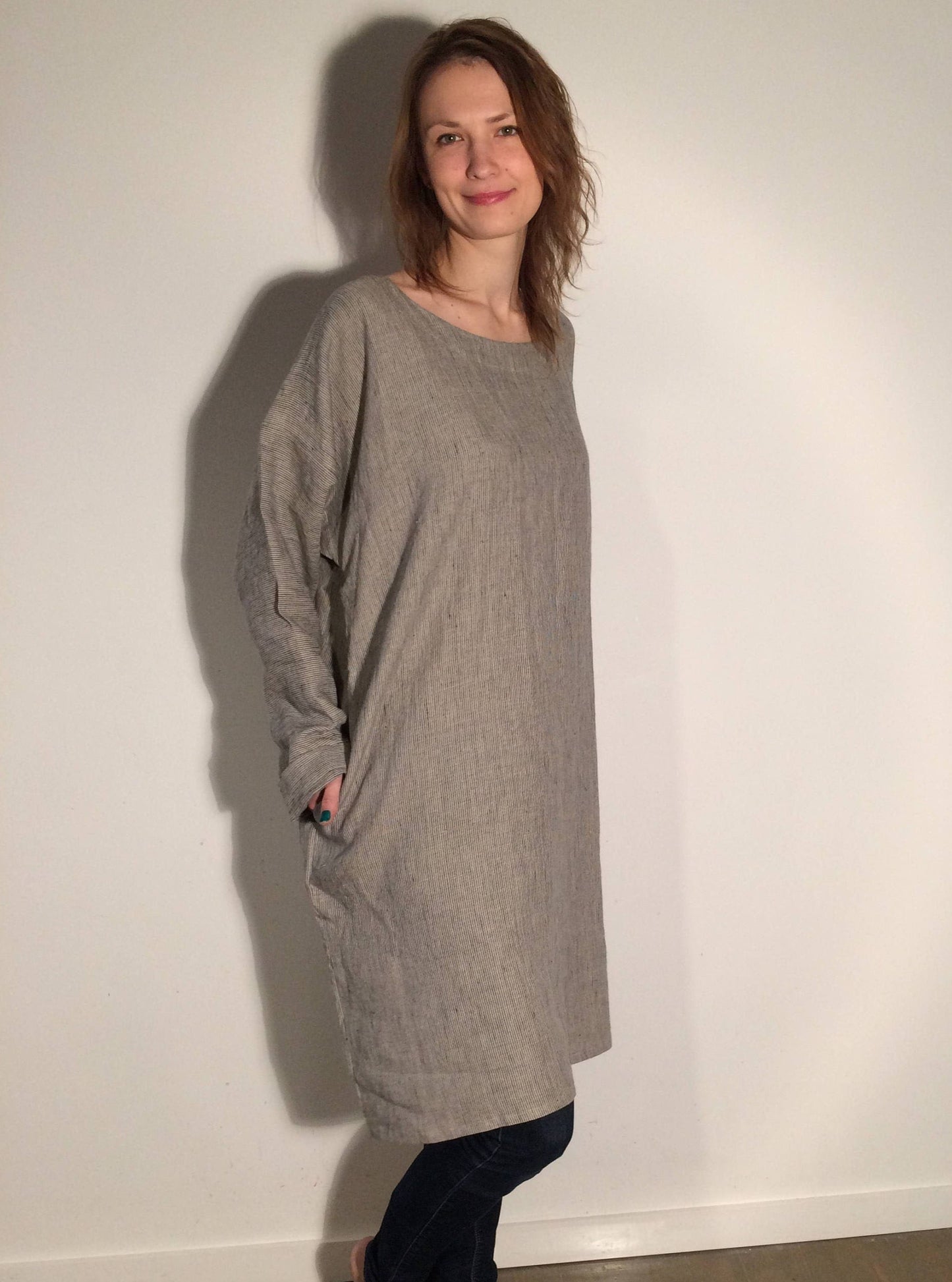 Beige Gray Striped Linen Tunic