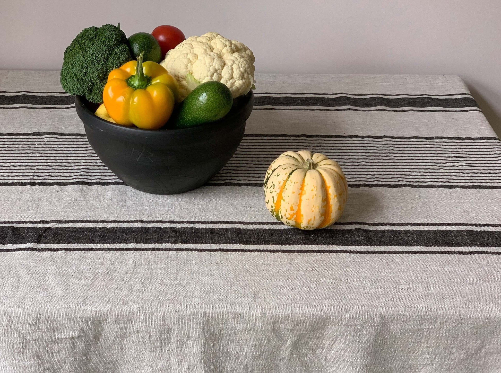 Beige and Black Striped Linen Tablecloth