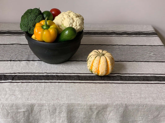 Beige and Black Striped Linen Tablecloth