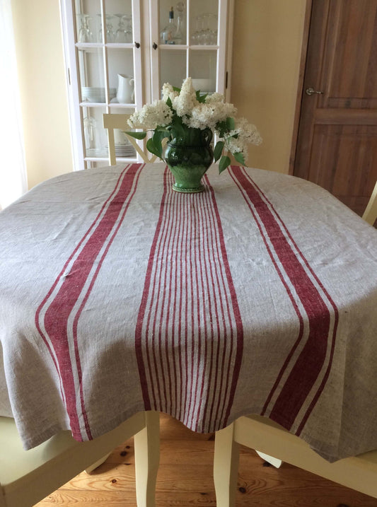 Beige_Linen_Tablecloth_Red_Ticking_Stripes