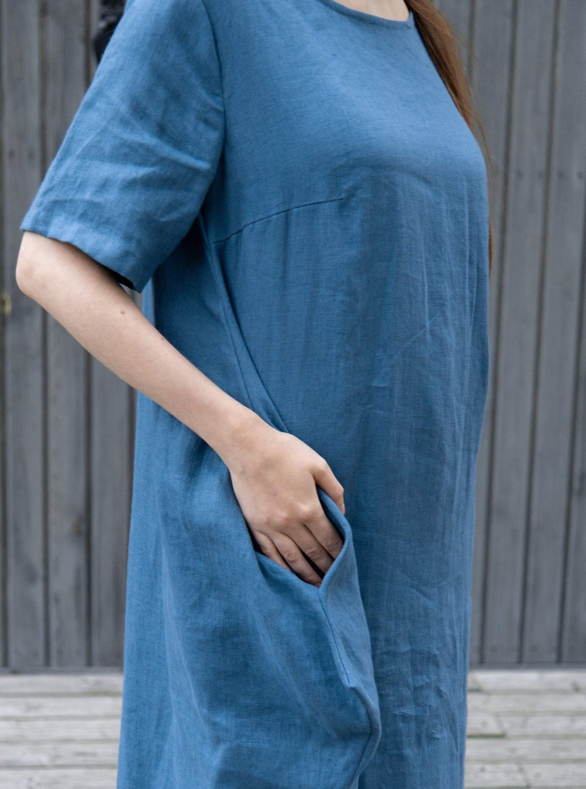 Denim Blue Linen Maxi Dress Boho Style with Pockets | LinenStars Denim Blue Linen Maxi Dress Boho Style with Pockets | LinenStars