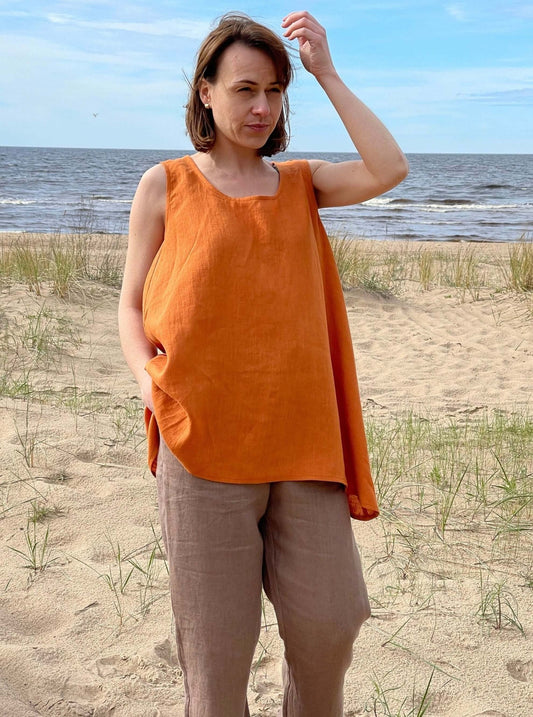 Front view of the Breezy Linen Trapeze Top