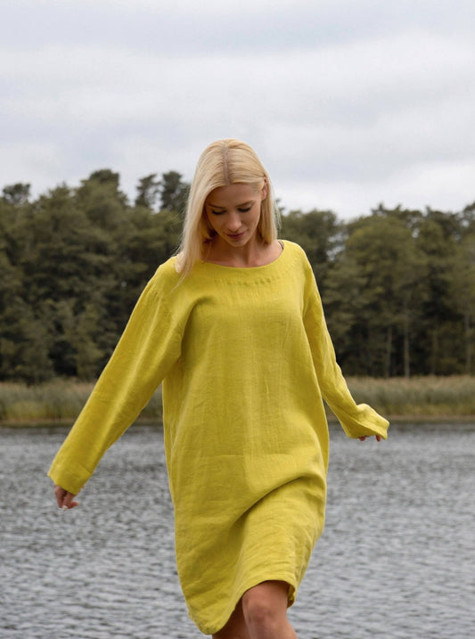 Vibrant Lemon Yellow Linen Tunic Front View