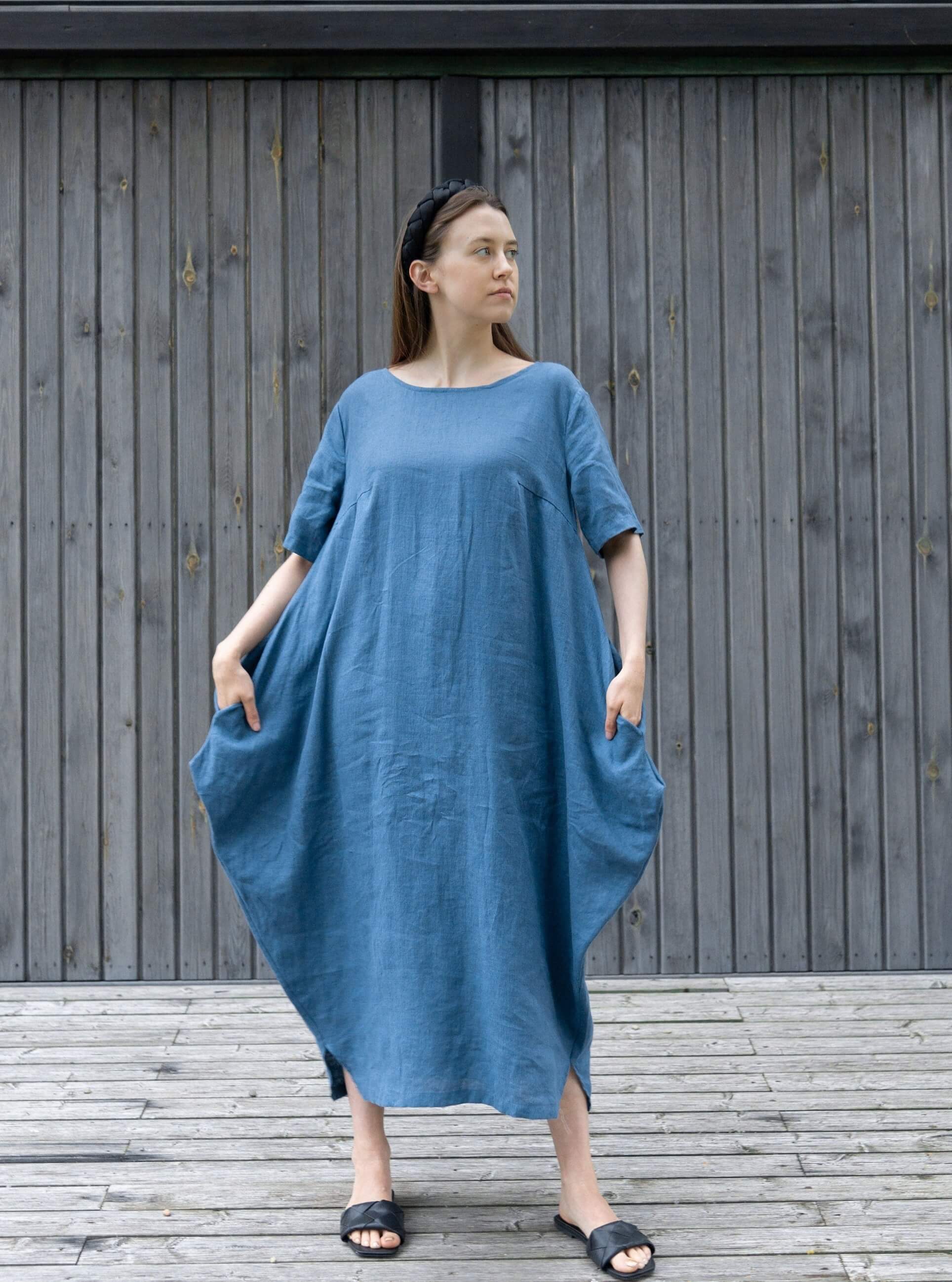 Denim Blue Linen Maxi Dress Boho Style with Pockets | LinenStars Denim Blue Linen Maxi Dress Boho Style with Pockets | LinenStars