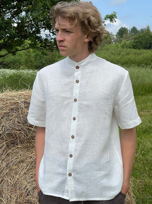 Chic white linen men's shirt with stand-up collar in milky white