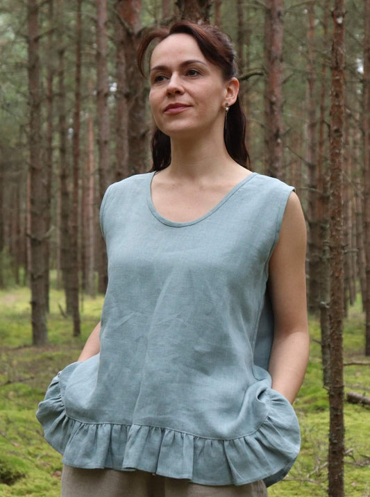 Dusty aqua green linen top with frills for a stylish look
