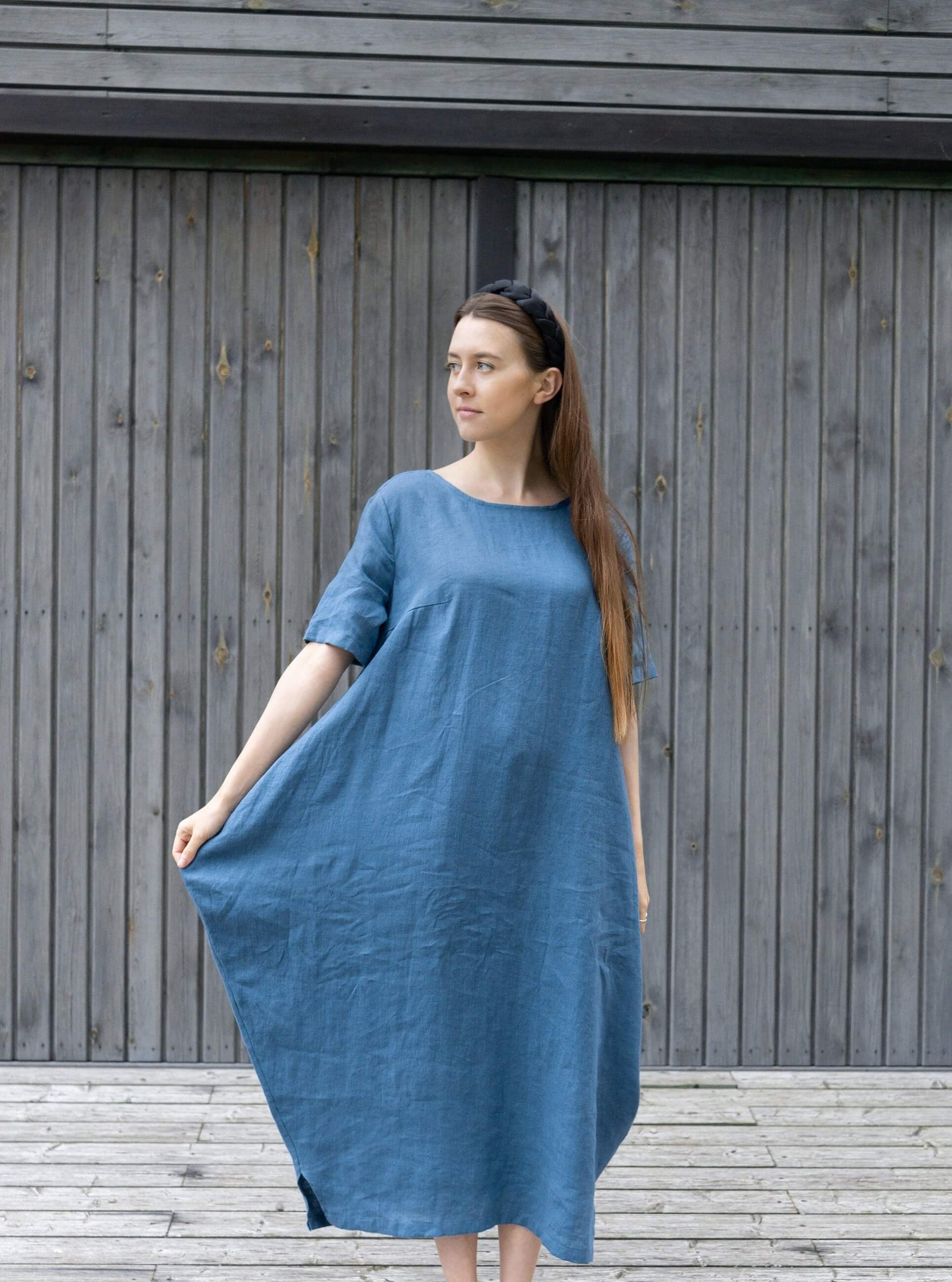 Custom length option of denim blue linen dress