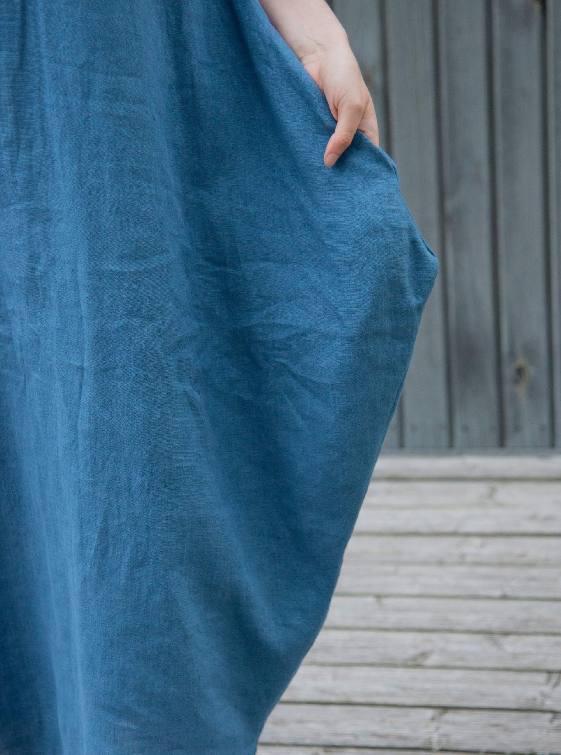 Front view of denim blue linen maxi dress
