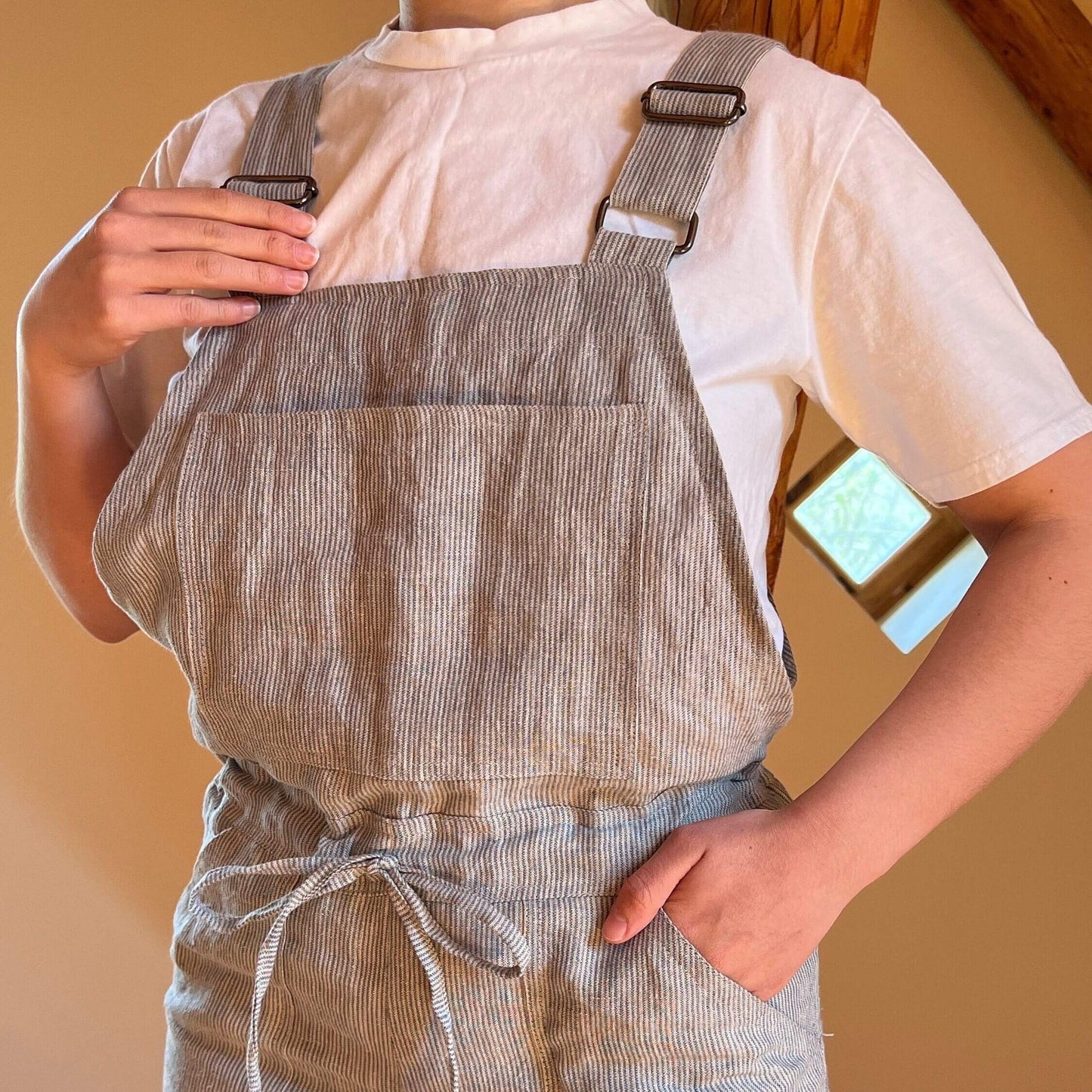 Sustainable fashion beige and gray linen jumpsuit