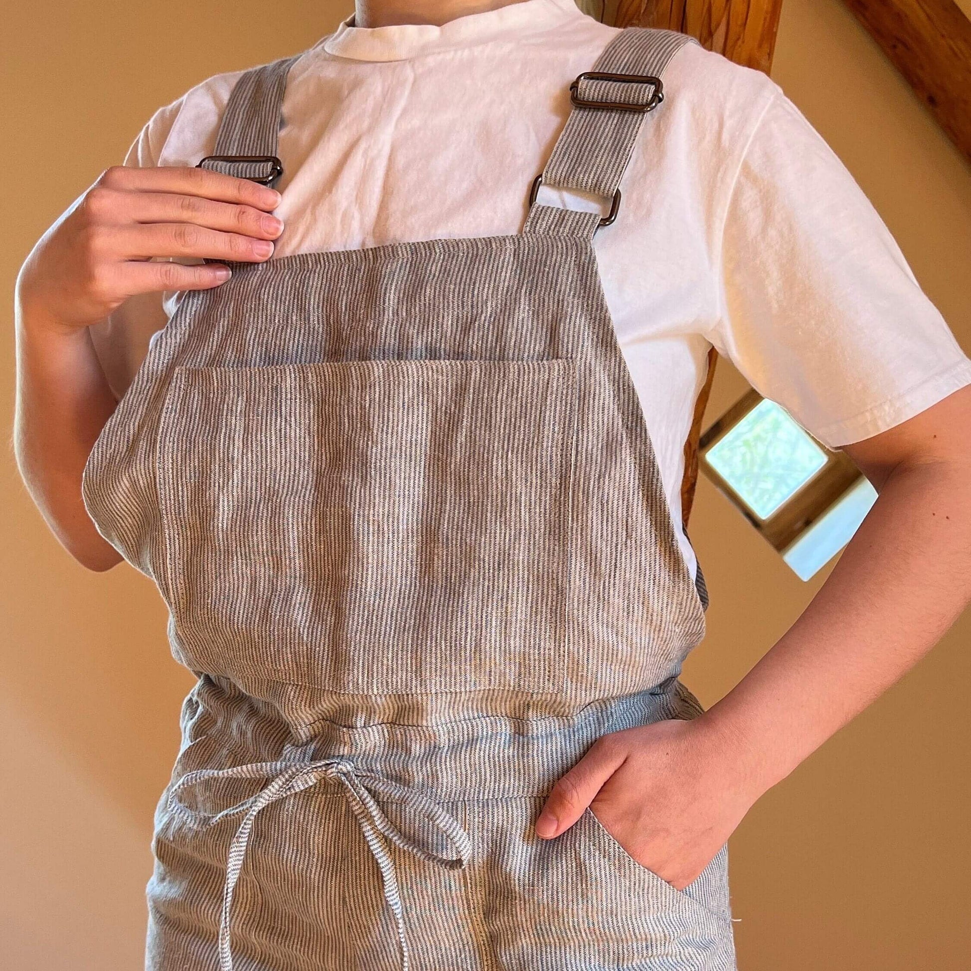 Sustainable fashion beige and gray linen jumpsuit