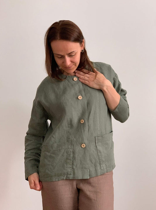 Elegant summer linen cardigan jacket with natural texture.