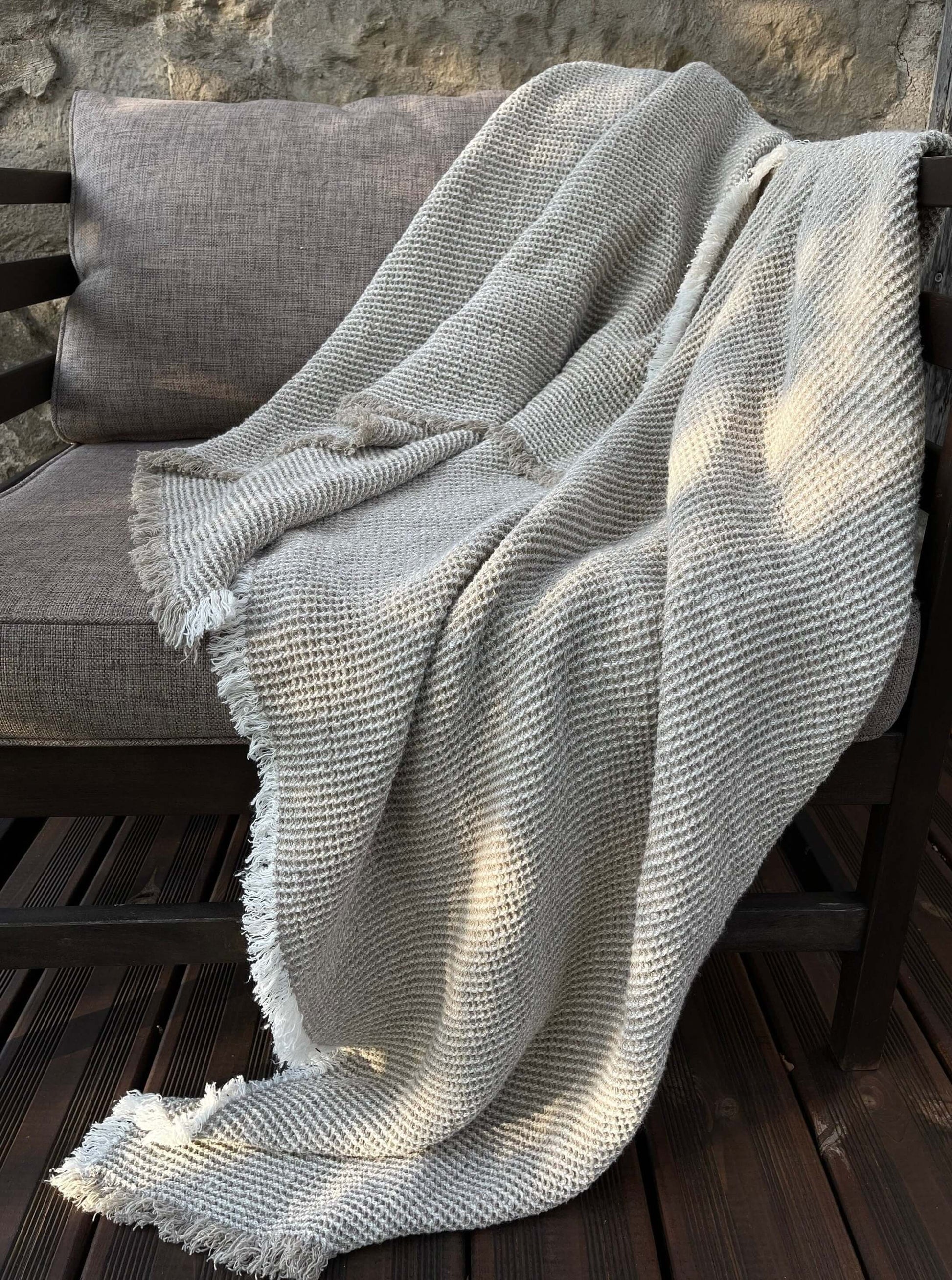 Beige Linen Waffle Blanket with Fluffy Fringes - Main Image
