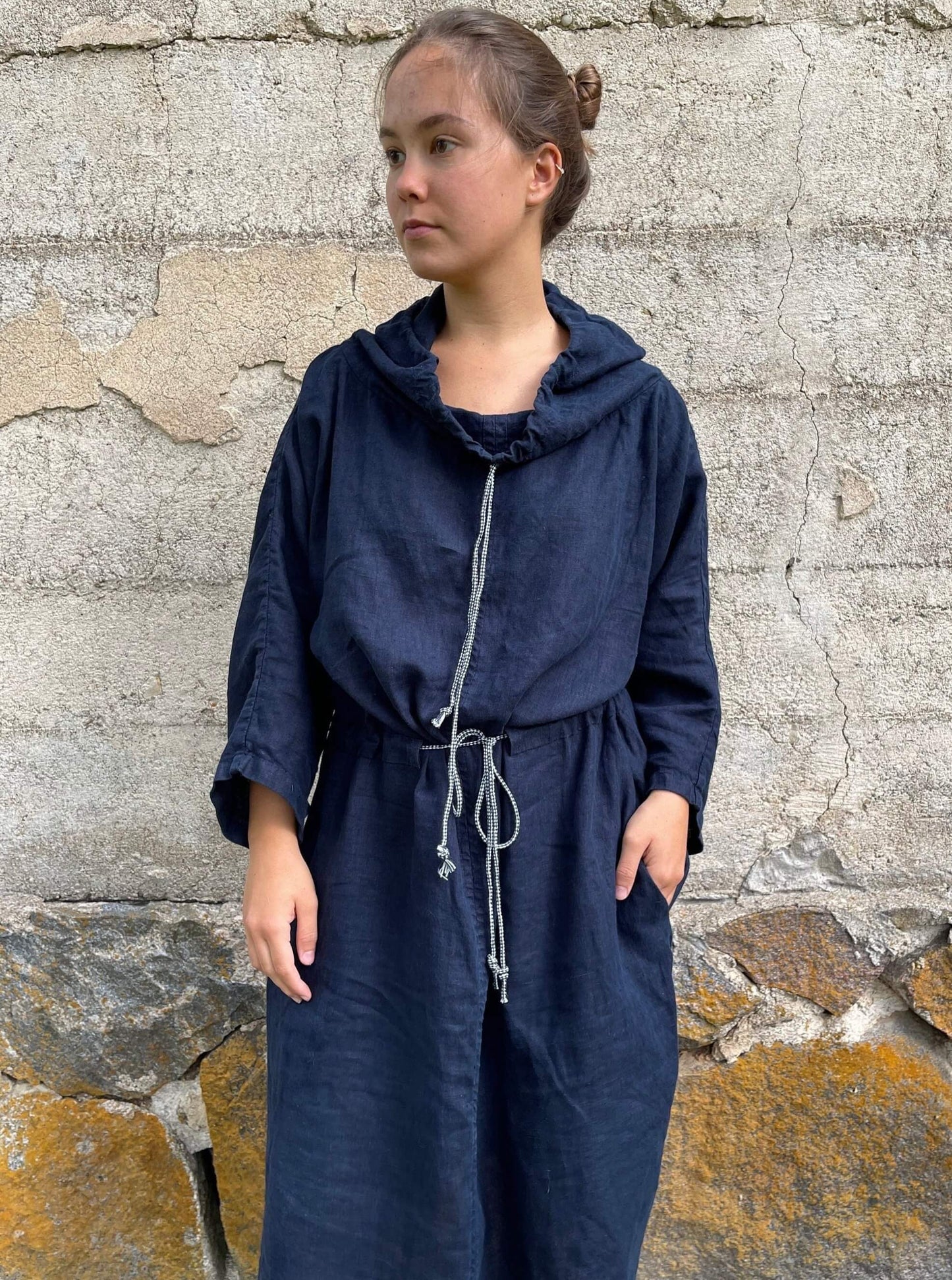 Handcrafted European linen kaftan dress in midnight blue.