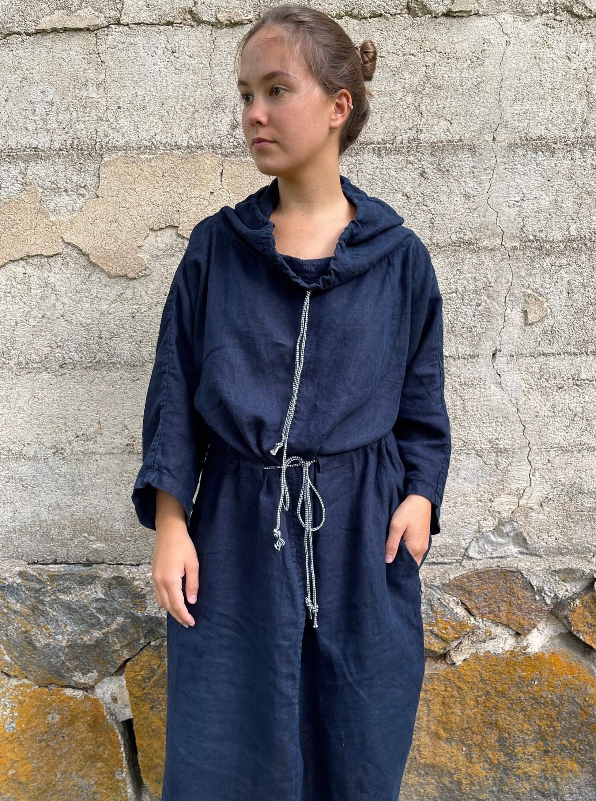 Handcrafted European linen kaftan dress in midnight blue.