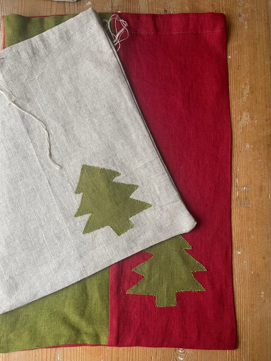 Linen Christmas Gift Bags with Handmade Christmas Tree Appliqué