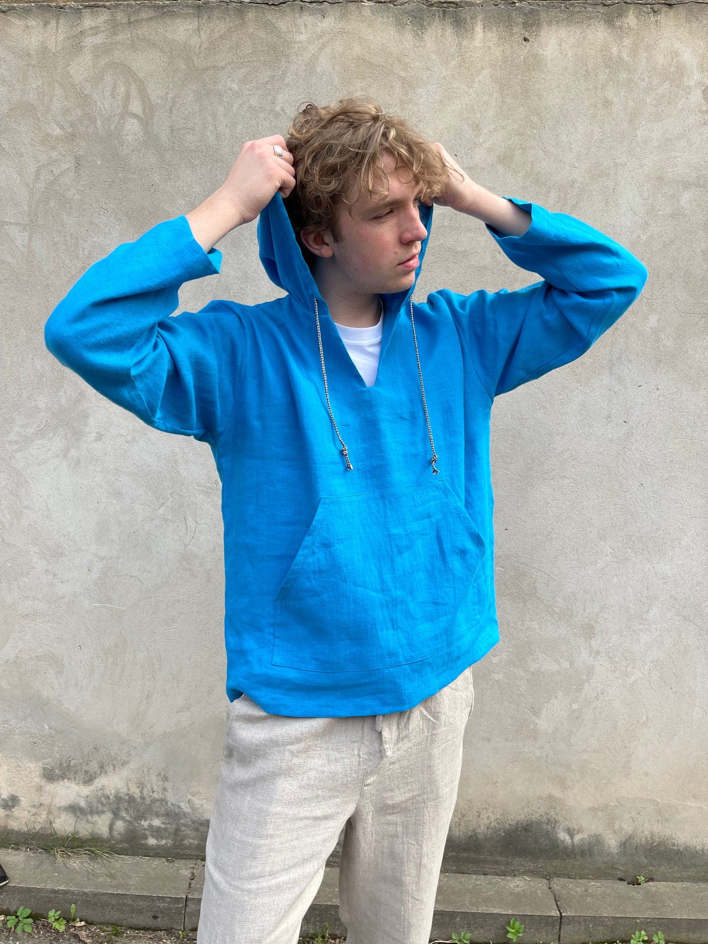 Turquoise Blue Mens Linen Hoodie with Front Pocket