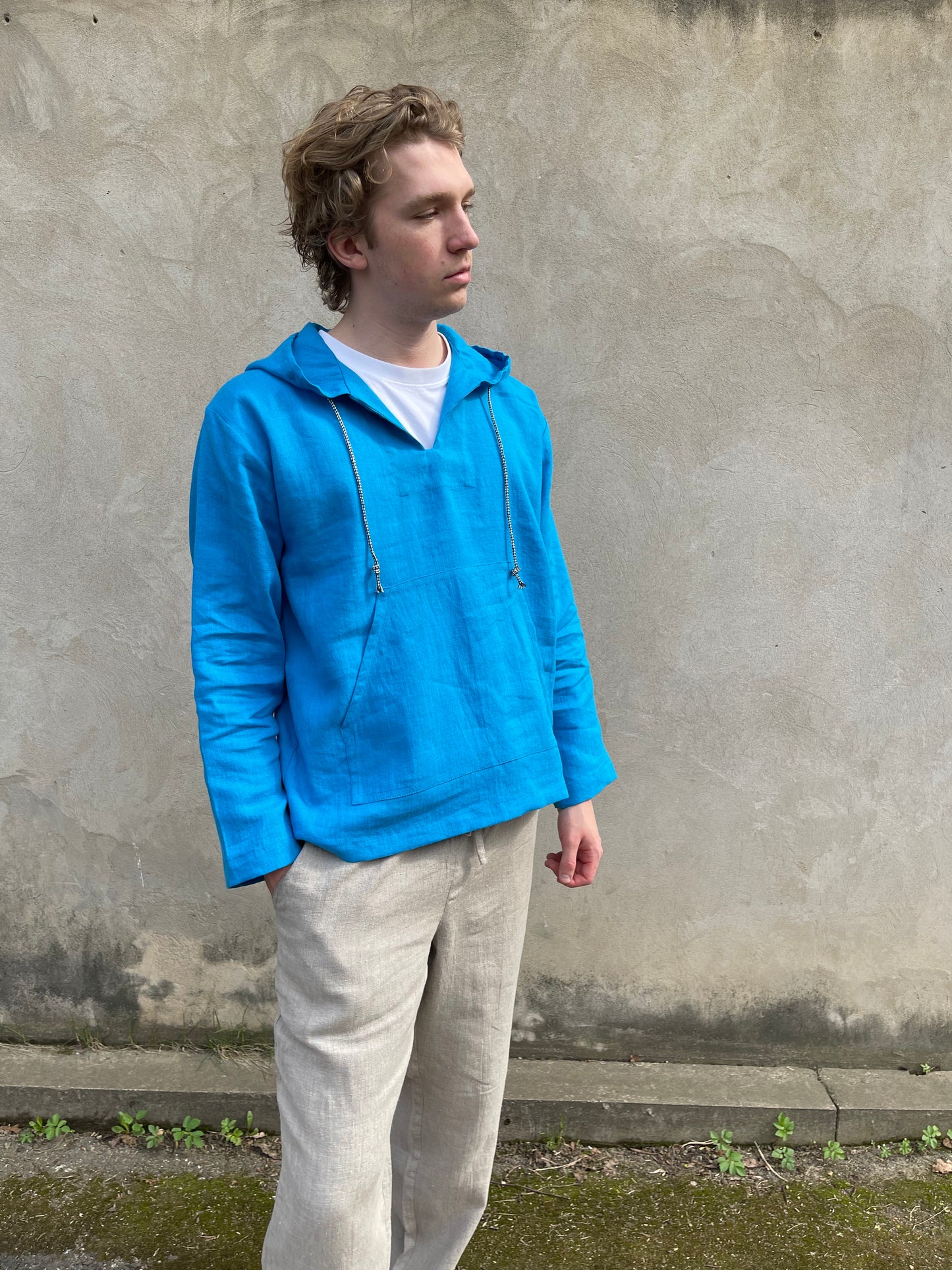 Turquoise Blue Mens Linen Hoodie with Front Pocket