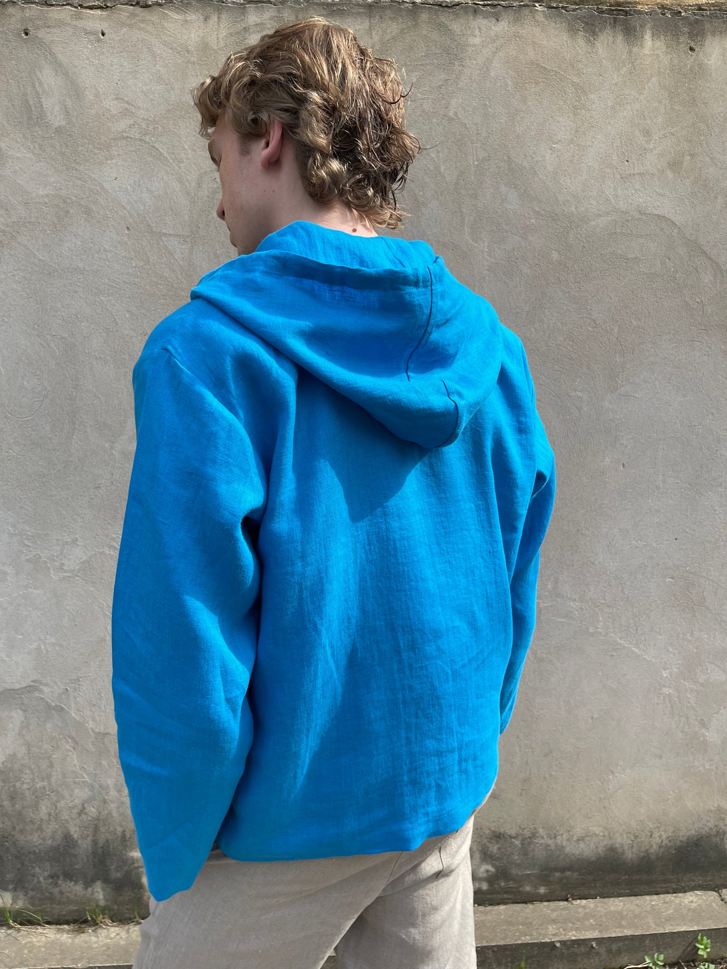 Turquoise Blue Mens Linen Hoodie with Front Pocket