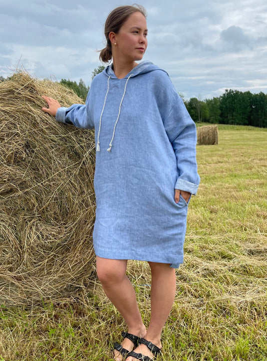 Light Blue Melange Linen Hoodie Tunic – Relaxed Fit Pullover for Women