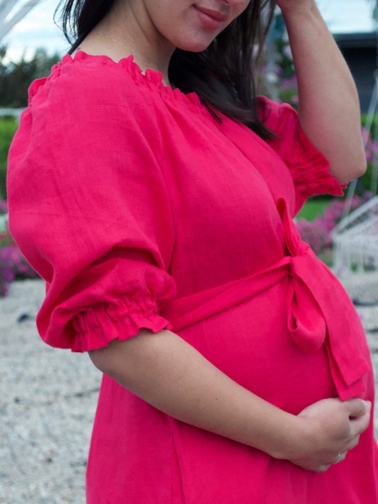 Fuchsia Linen Summer Dress, Adjustable Neckline Dress