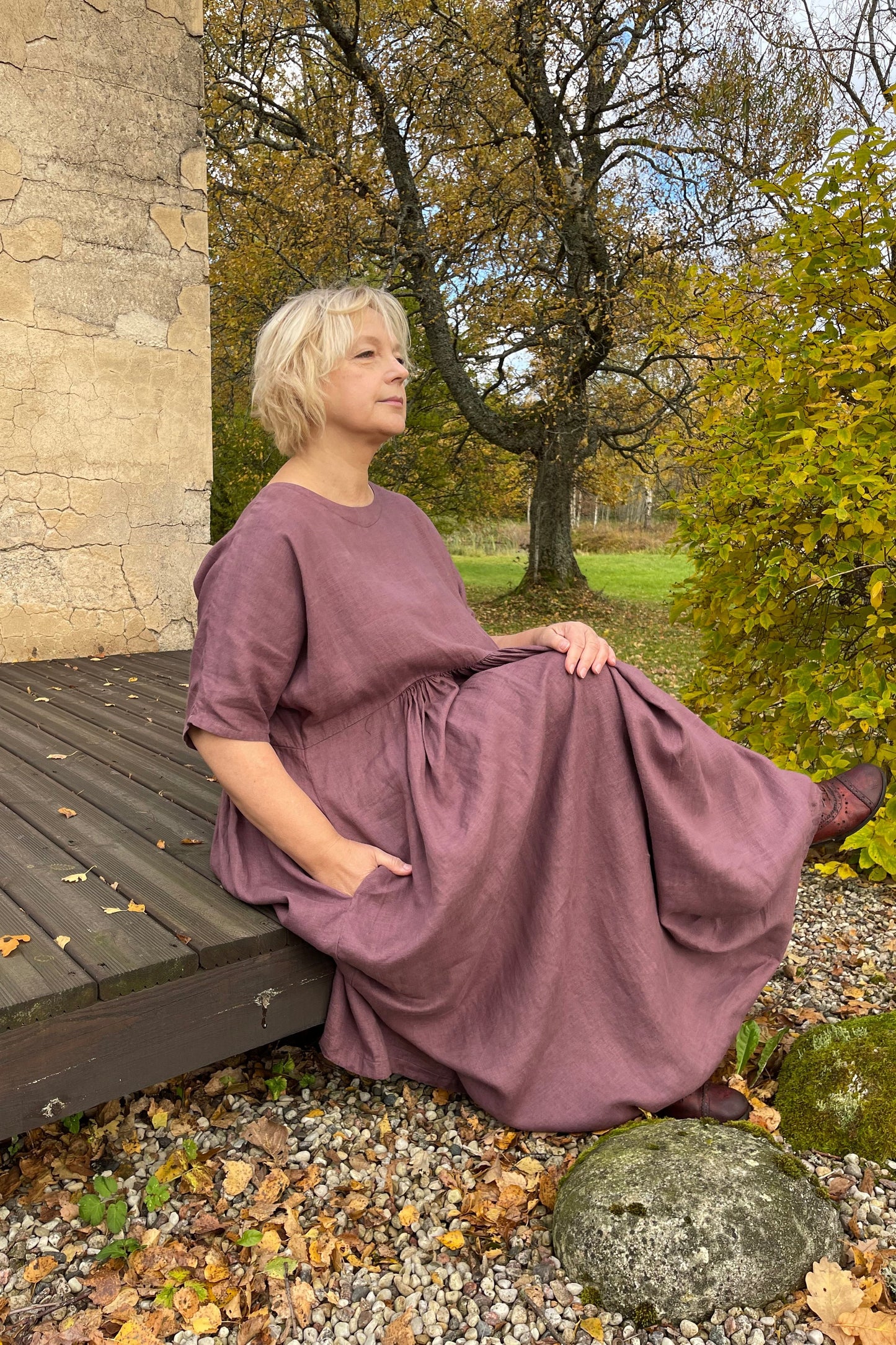 Plum Color Linen Maxi Dress with Half-Length Sleeves