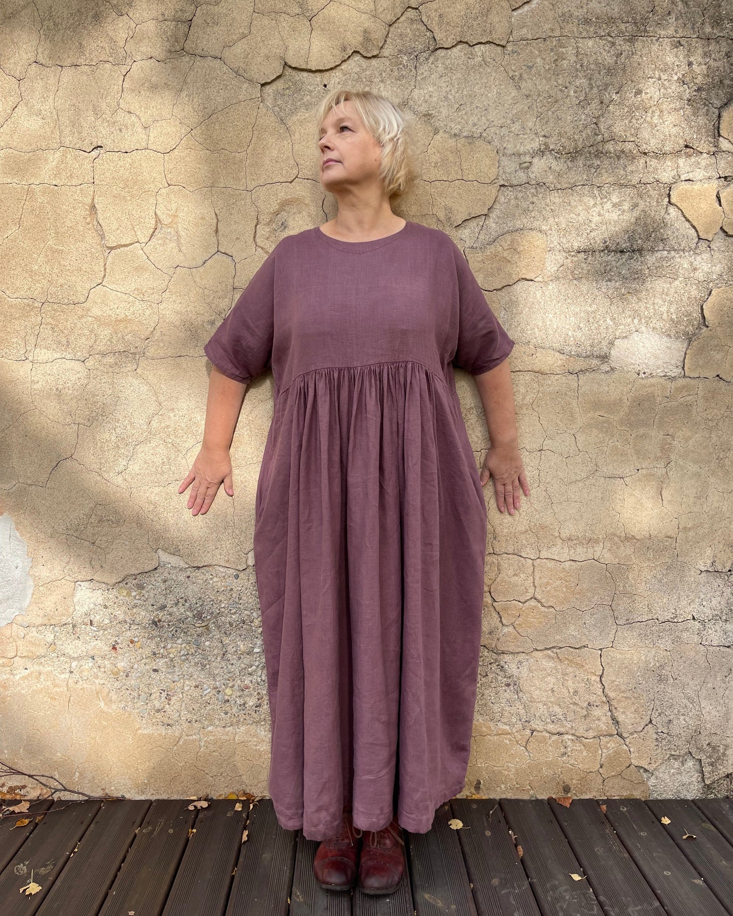 Plum Color Linen Maxi Dress with Half-Length Sleeves