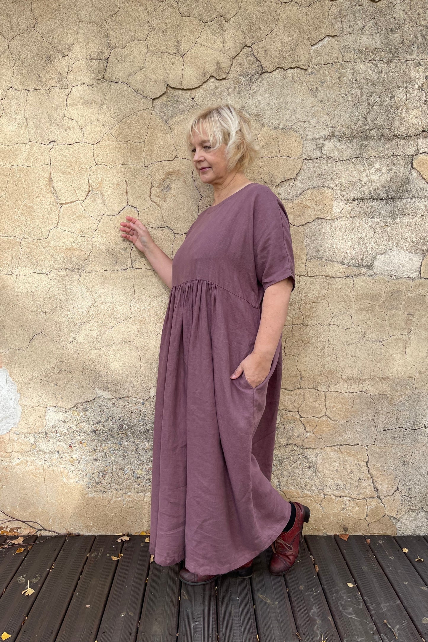 Plum Color Linen Maxi Dress with Half-Length Sleeves