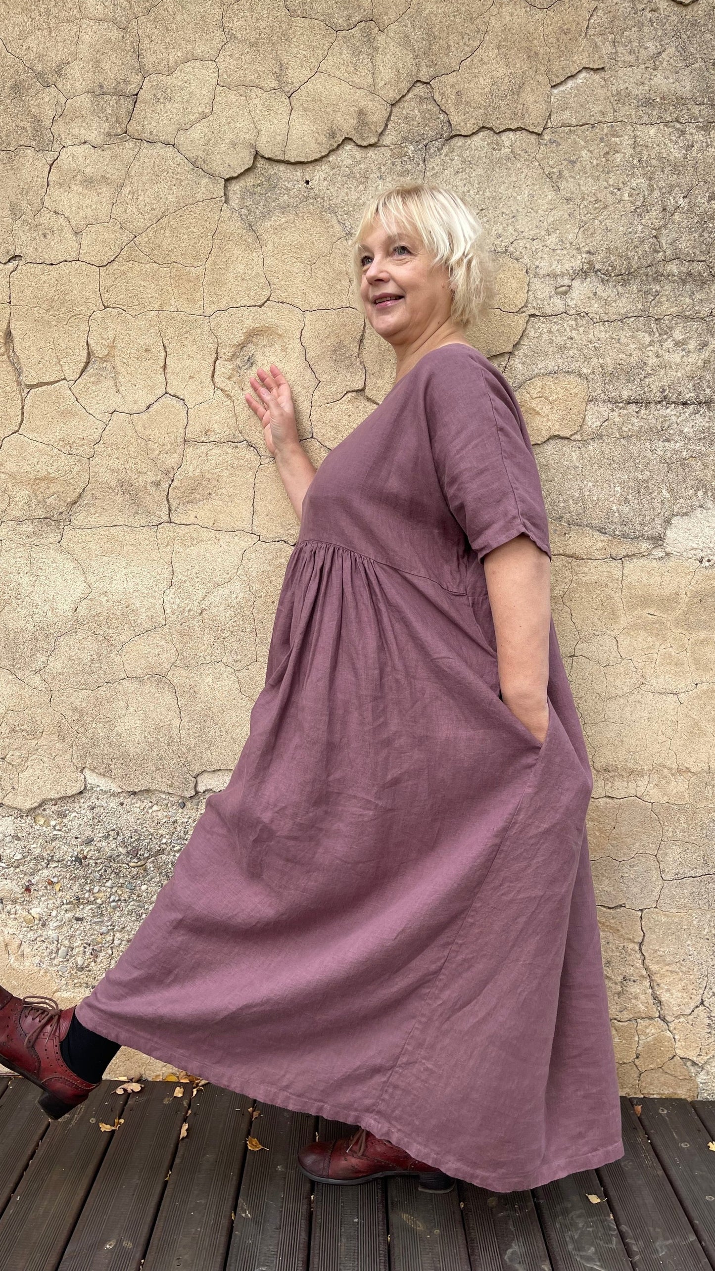 Plum Color Linen Maxi Dress with Half-Length Sleeves